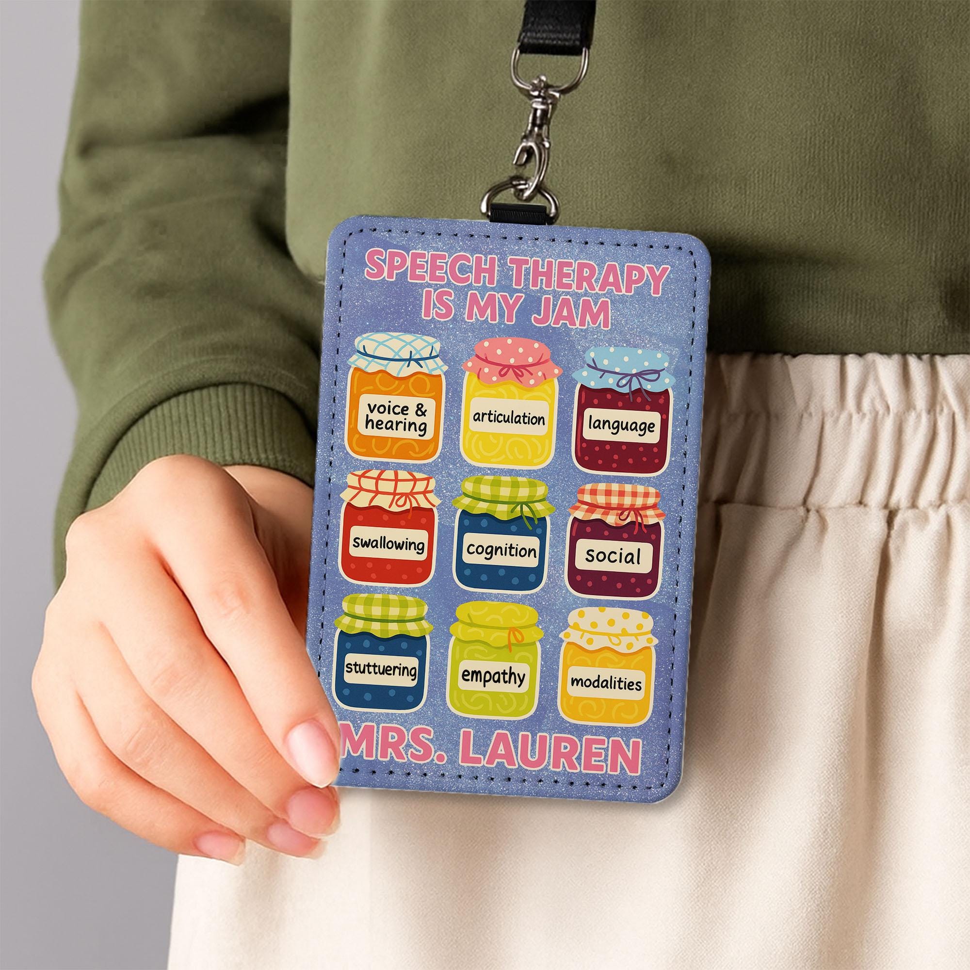 Speech Therapy Badge Holder, Funny SLP ID Tag, Custom Name Lanyard for Therapists, Speech Is My Jam Gift, SLP Classroom Accessory