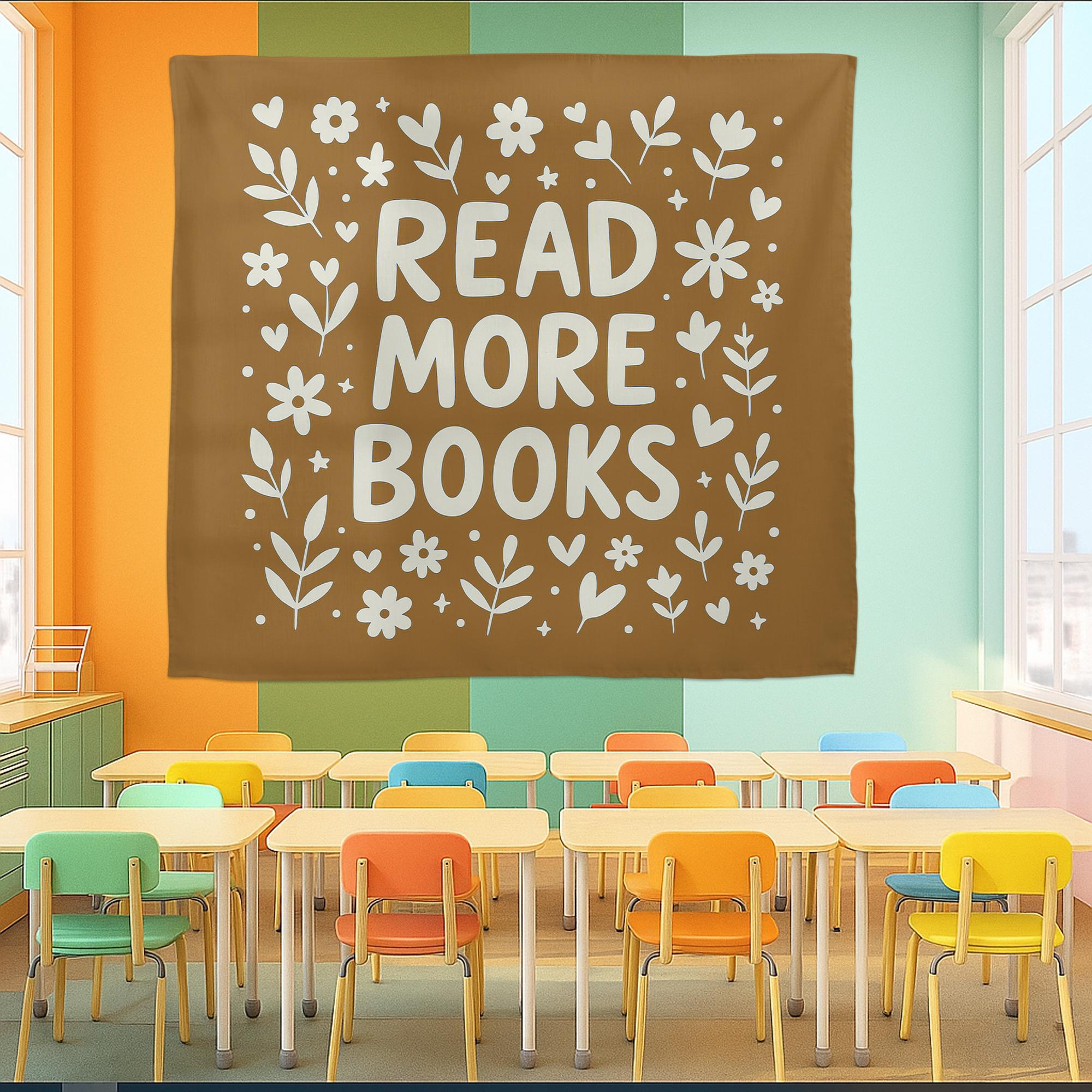 Read More Books Classroom Tapestry – Minimalist Floral Reading Poster for Library, Homeschool, or Teacher Wall Decor, Reading Library Art