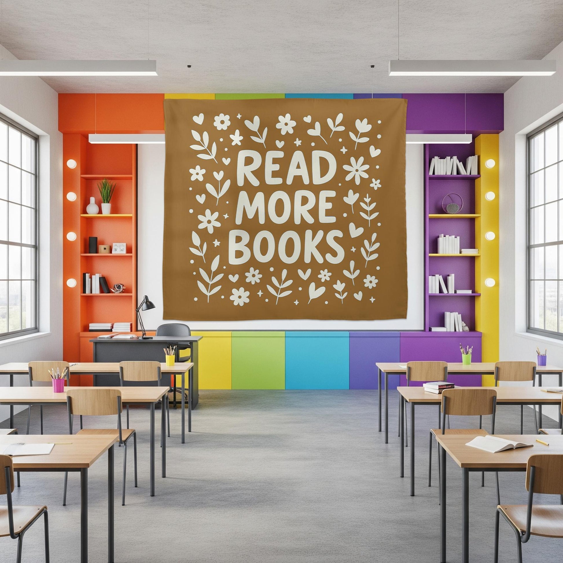 Read More Books Classroom Tapestry – Minimalist Floral Reading Poster for Library, Homeschool, or Teacher Wall Decor, Reading Library Art