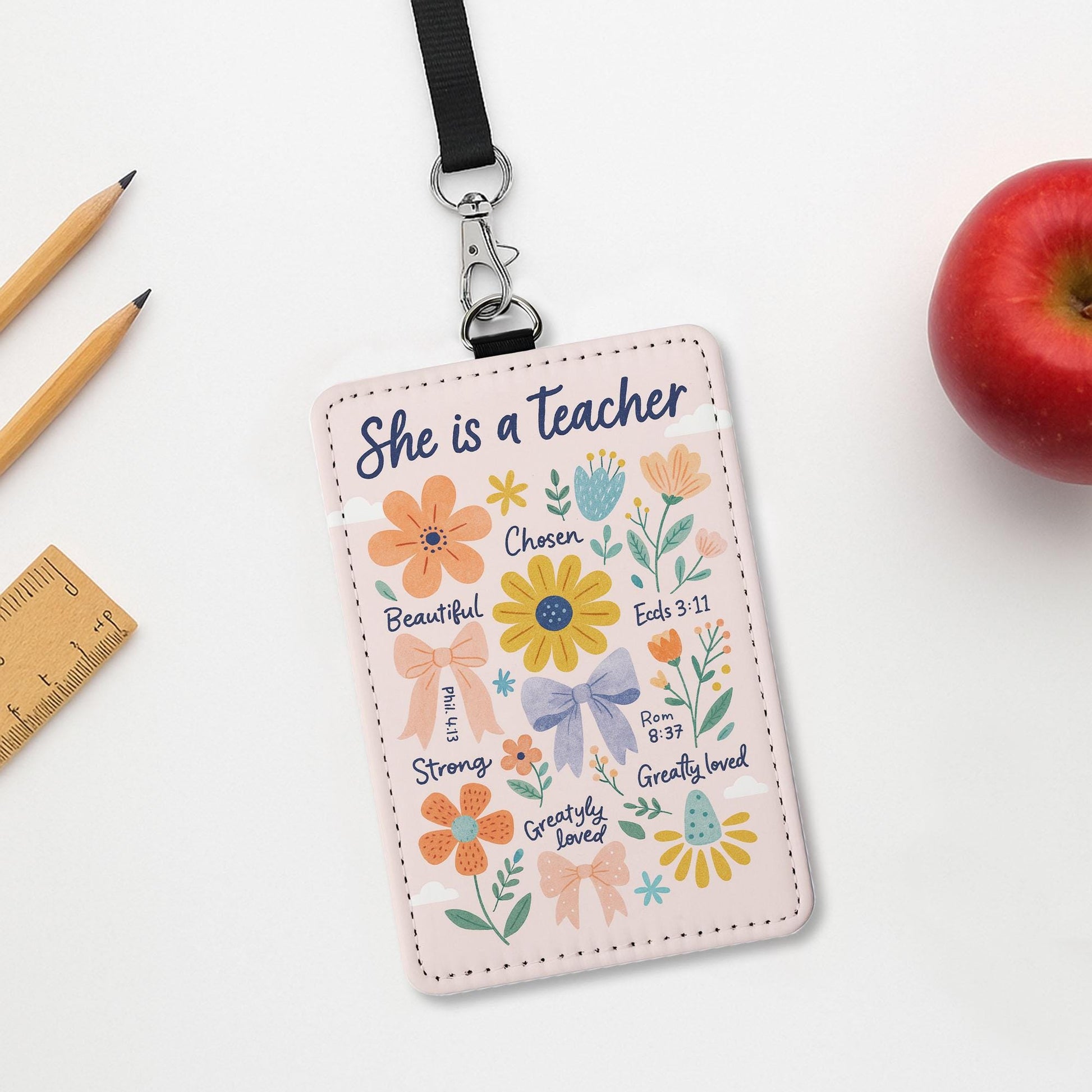 Christian Teacher Badge Reel Holder – Floral Scripture ID Holder with “She is a Teacher” Quote, Inspiring Gift for Faithful Educators