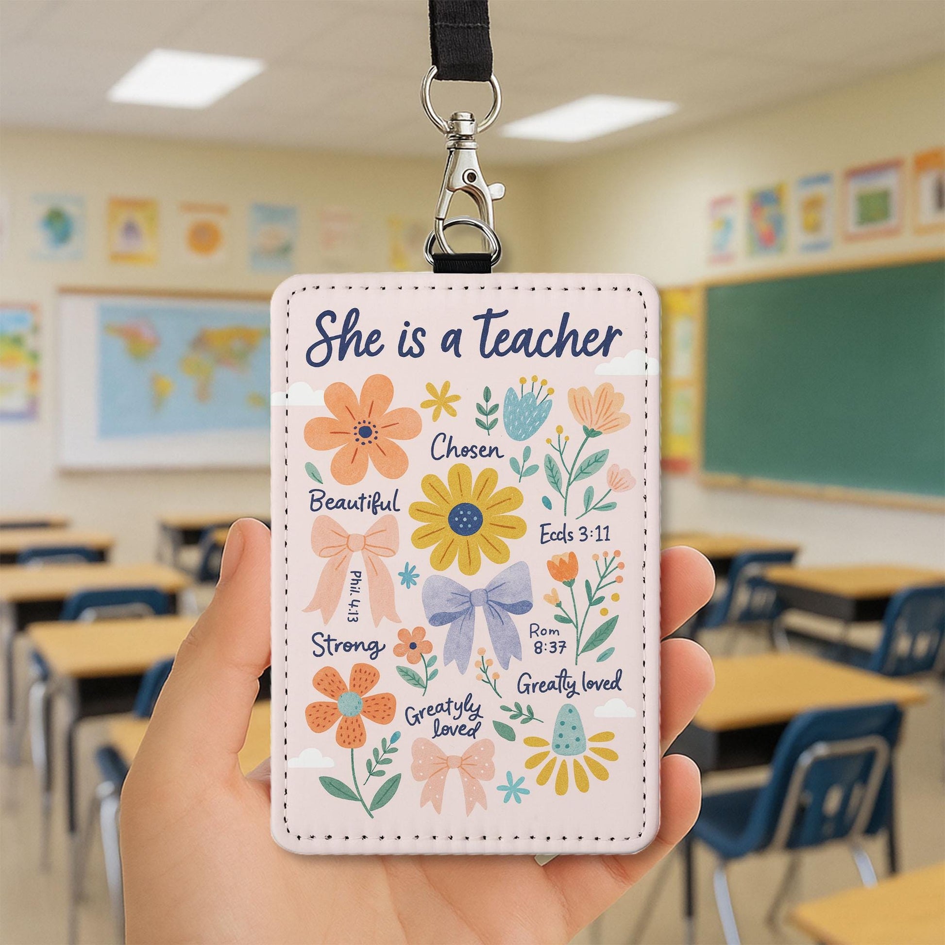 Christian Teacher Badge Reel Holder – Floral Scripture ID Holder with “She is a Teacher” Quote, Inspiring Gift for Faithful Educators