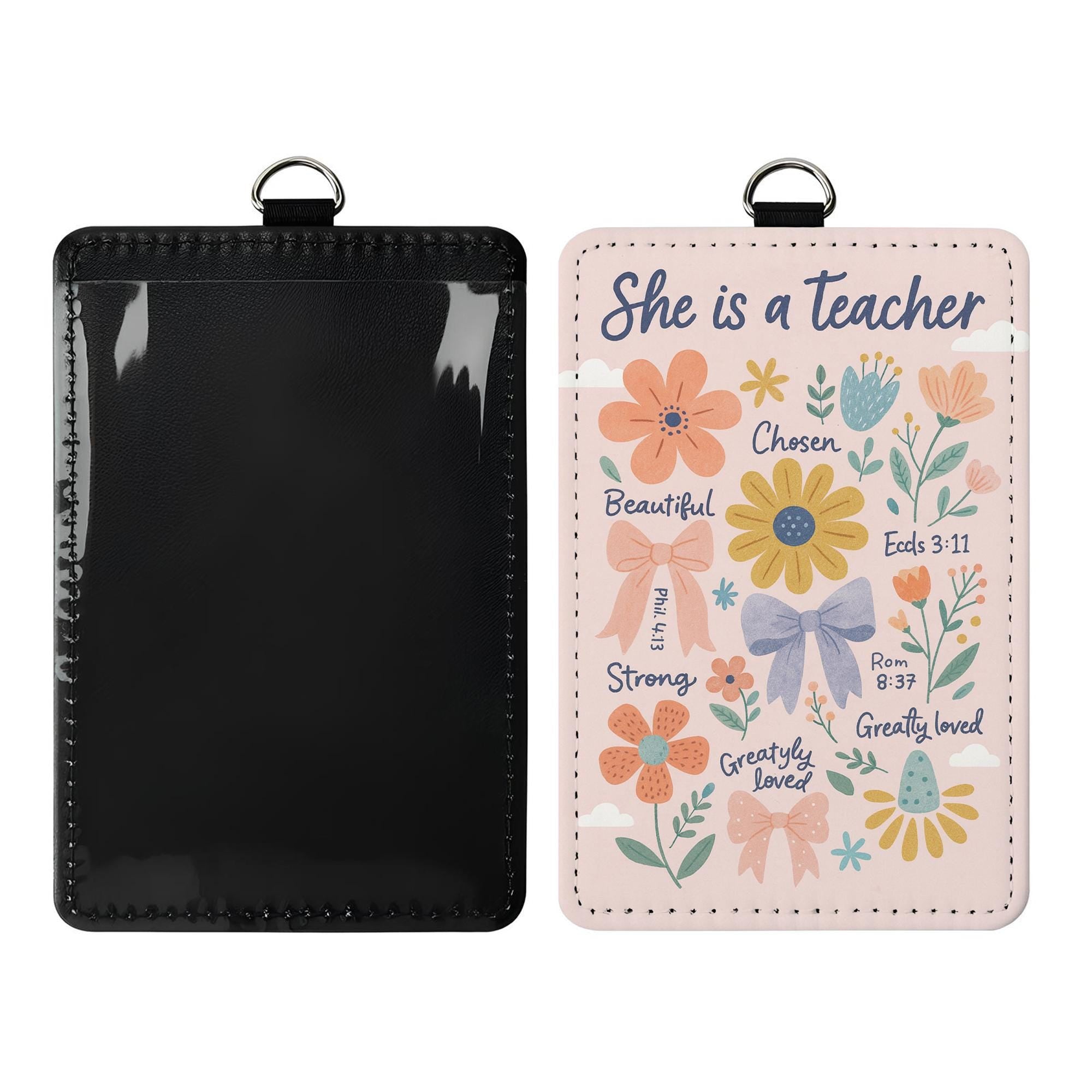 Christian Teacher Badge Reel Holder – Floral Scripture ID Holder with “She is a Teacher” Quote, Inspiring Gift for Faithful Educators