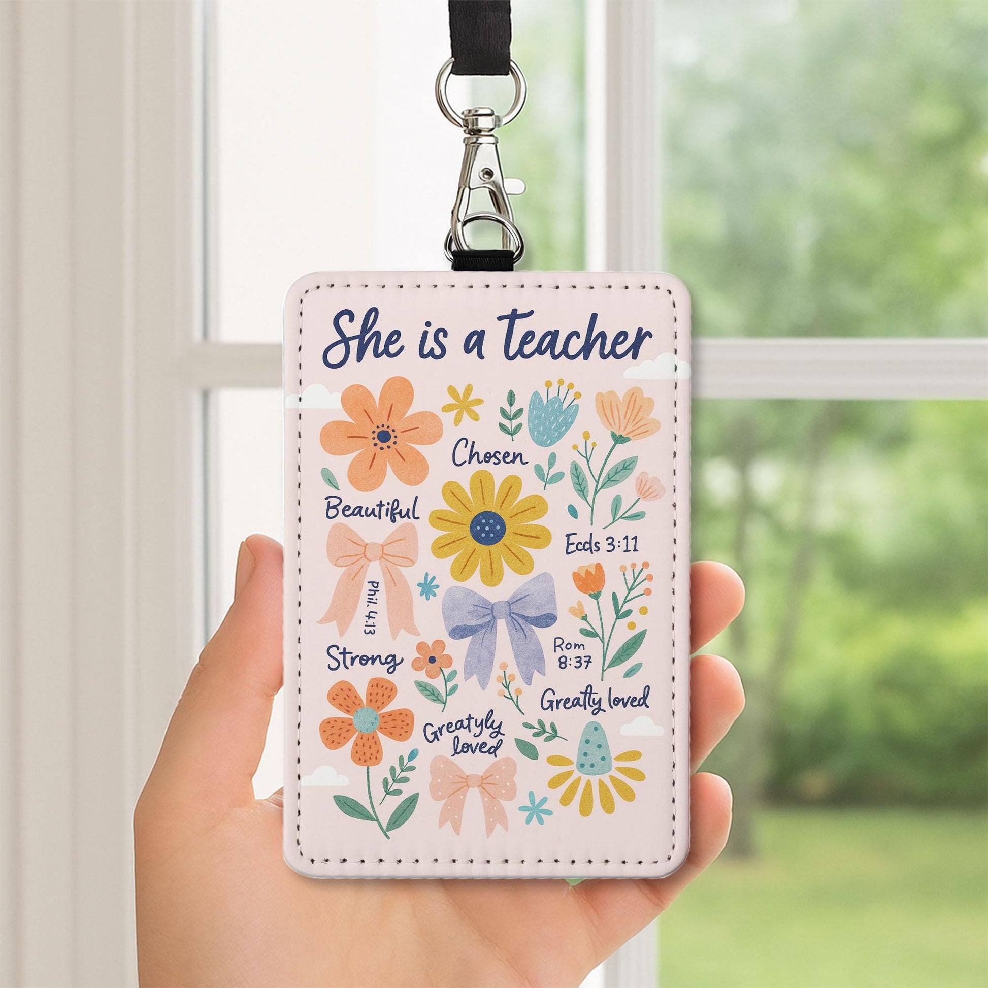 Christian Teacher Badge Reel Holder – Floral Scripture ID Holder with “She is a Teacher” Quote, Inspiring Gift for Faithful Educators