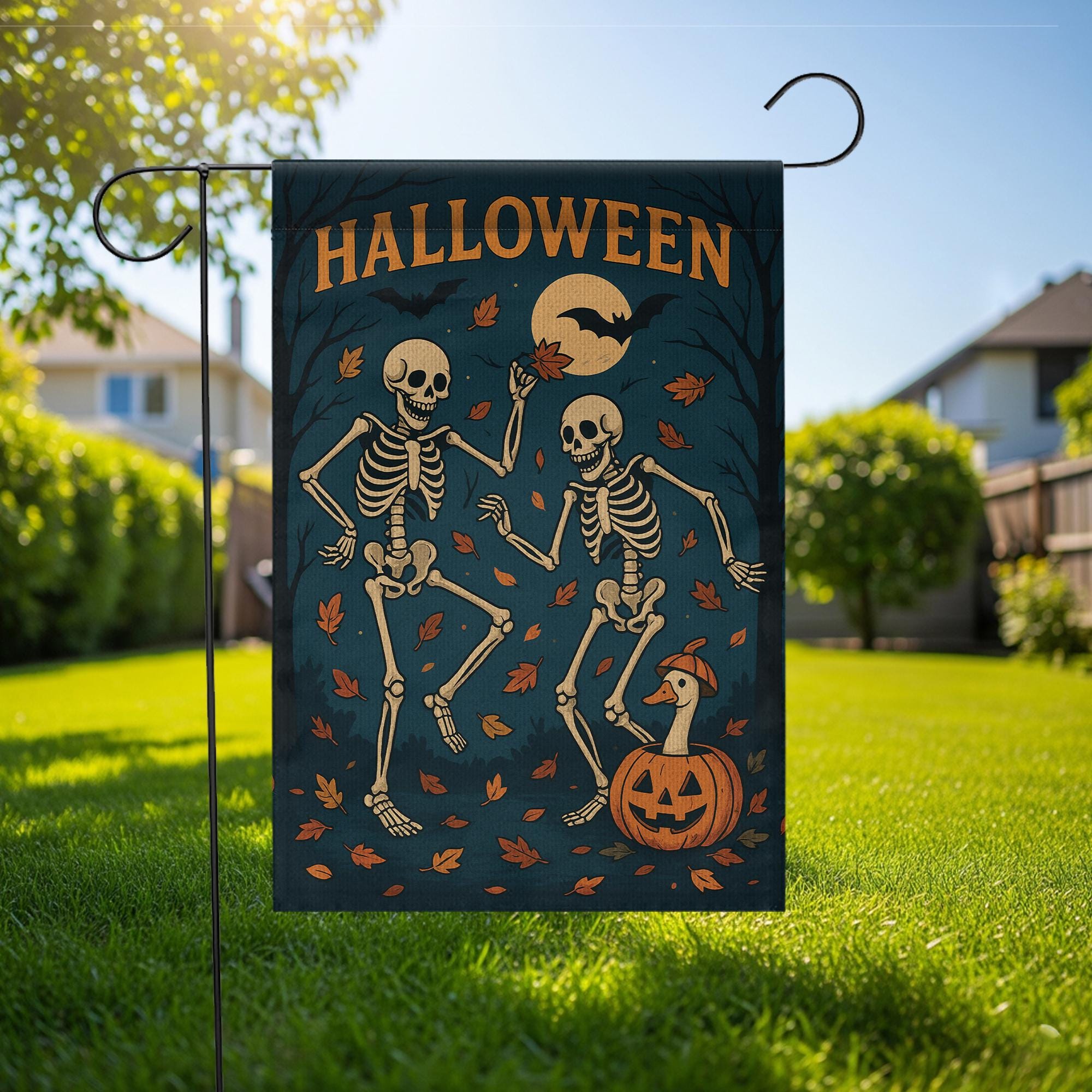 Dancing Skeletons Halloween Garden Flag, Spooky Fall Yard Decor, Vintage Halloween Goose Flag, Outdoor Lawn Decoration, Autumn Vibe