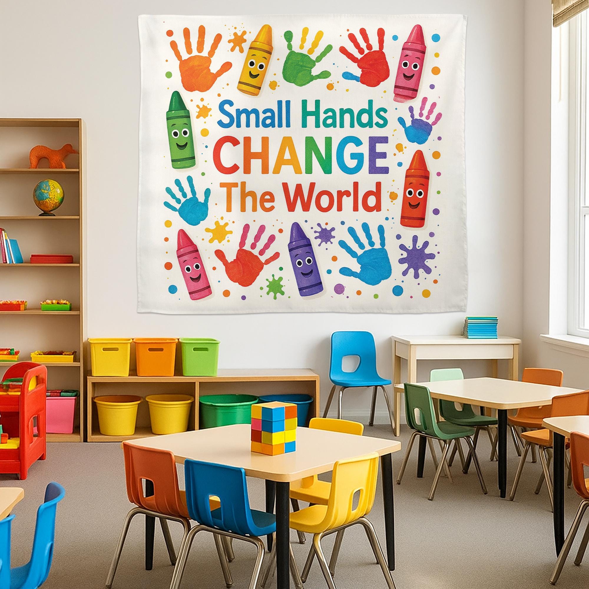 Small Hands Change the World Tapestry, Colorful Classroom Wall Decor, Crayon Handprint Banner, Preschool Teacher Room Sign