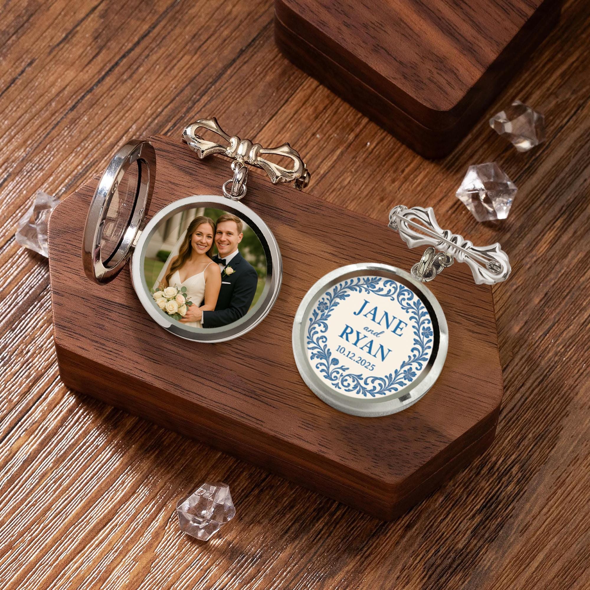 Custom Wedding Photo Lapel Pin – Personalized Bride & Groom Keepsake with Names and Date, Anniversary Gift, Groom or Bride Pin