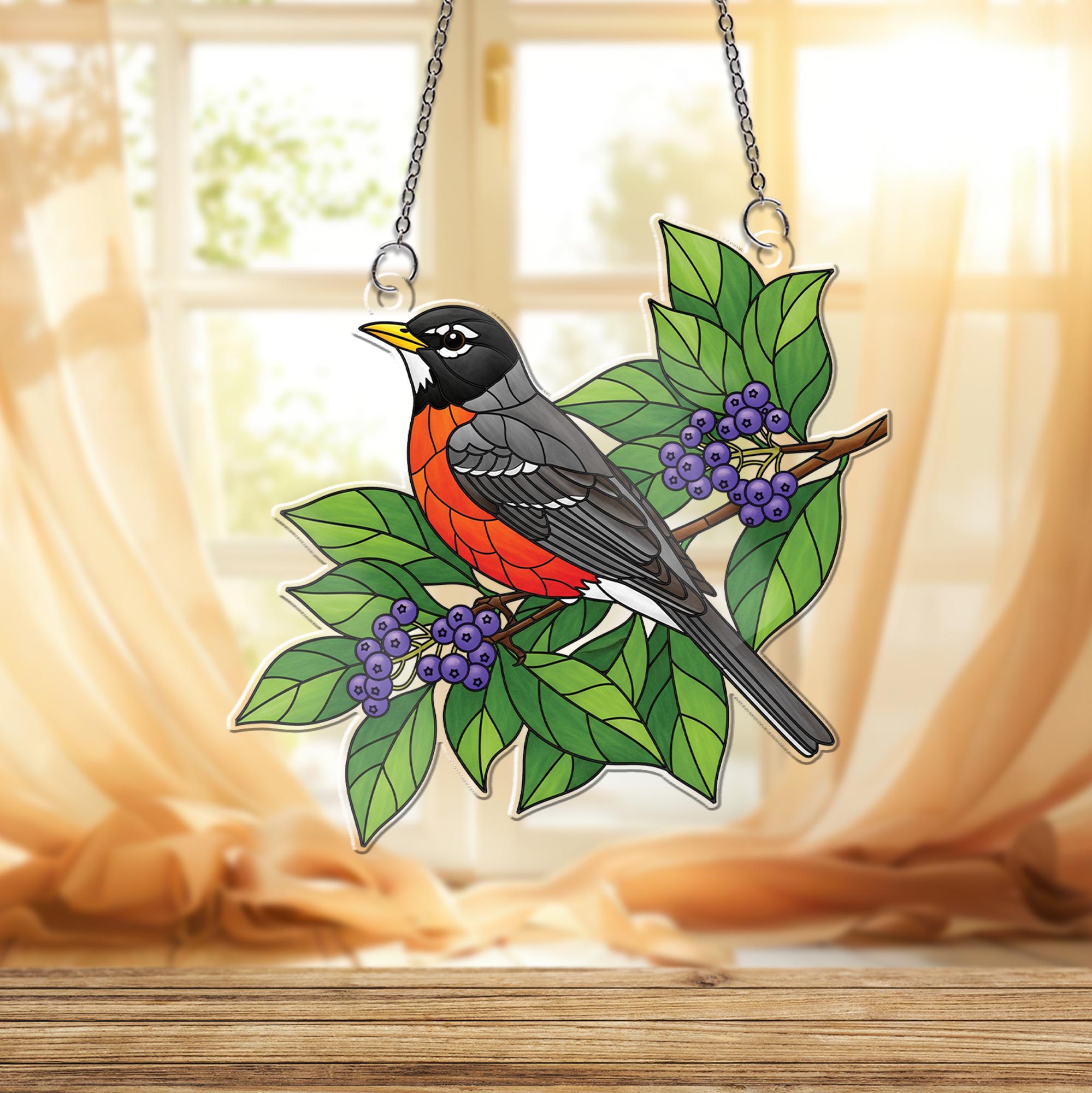 American Robin Window Hanging – Stained Glass Style Bird Suncatcher with Green Leaves & Berries, Nature Home Decor Gift