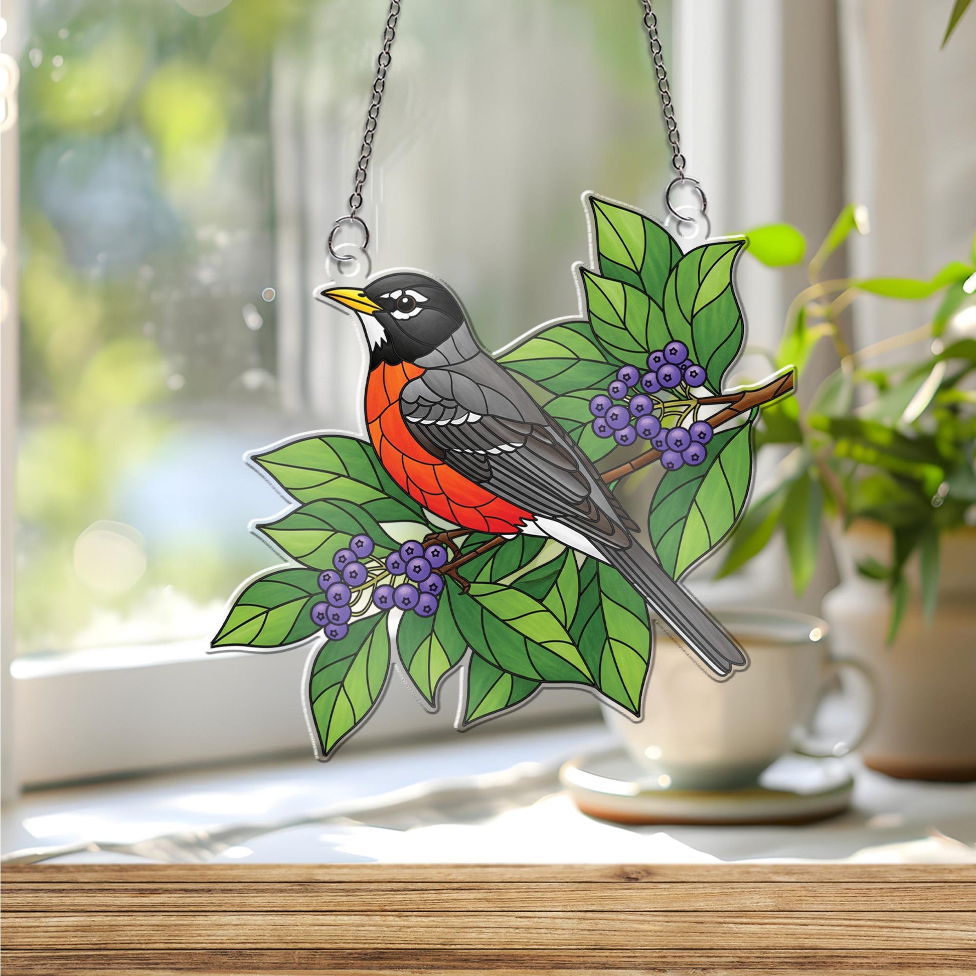 American Robin Window Hanging – Stained Glass Style Bird Suncatcher with Green Leaves & Berries, Nature Home Decor Gift