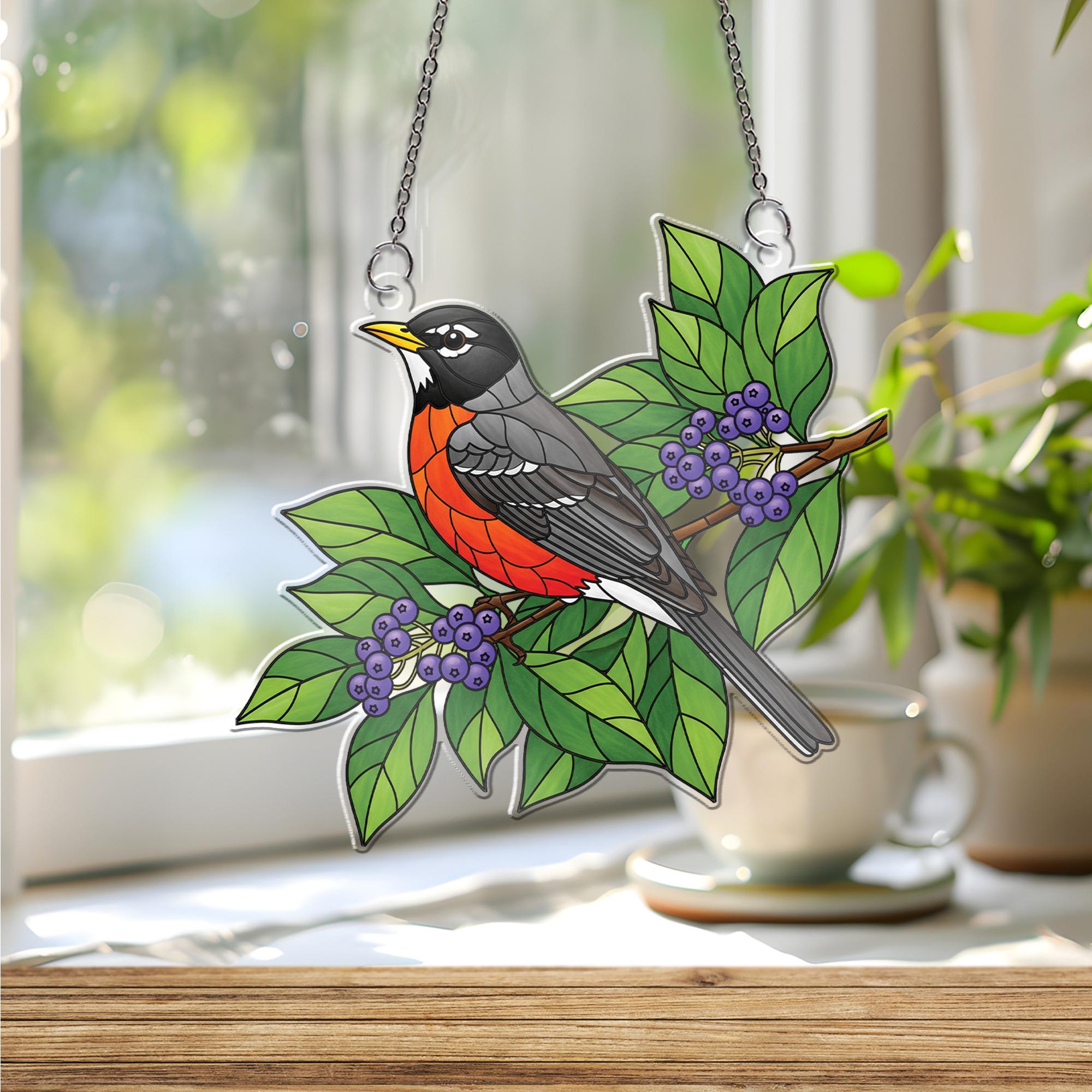 American Robin Window Hanging – Stained Glass Style Bird Suncatcher with Green Leaves & Berries, Nature Home Decor Gift