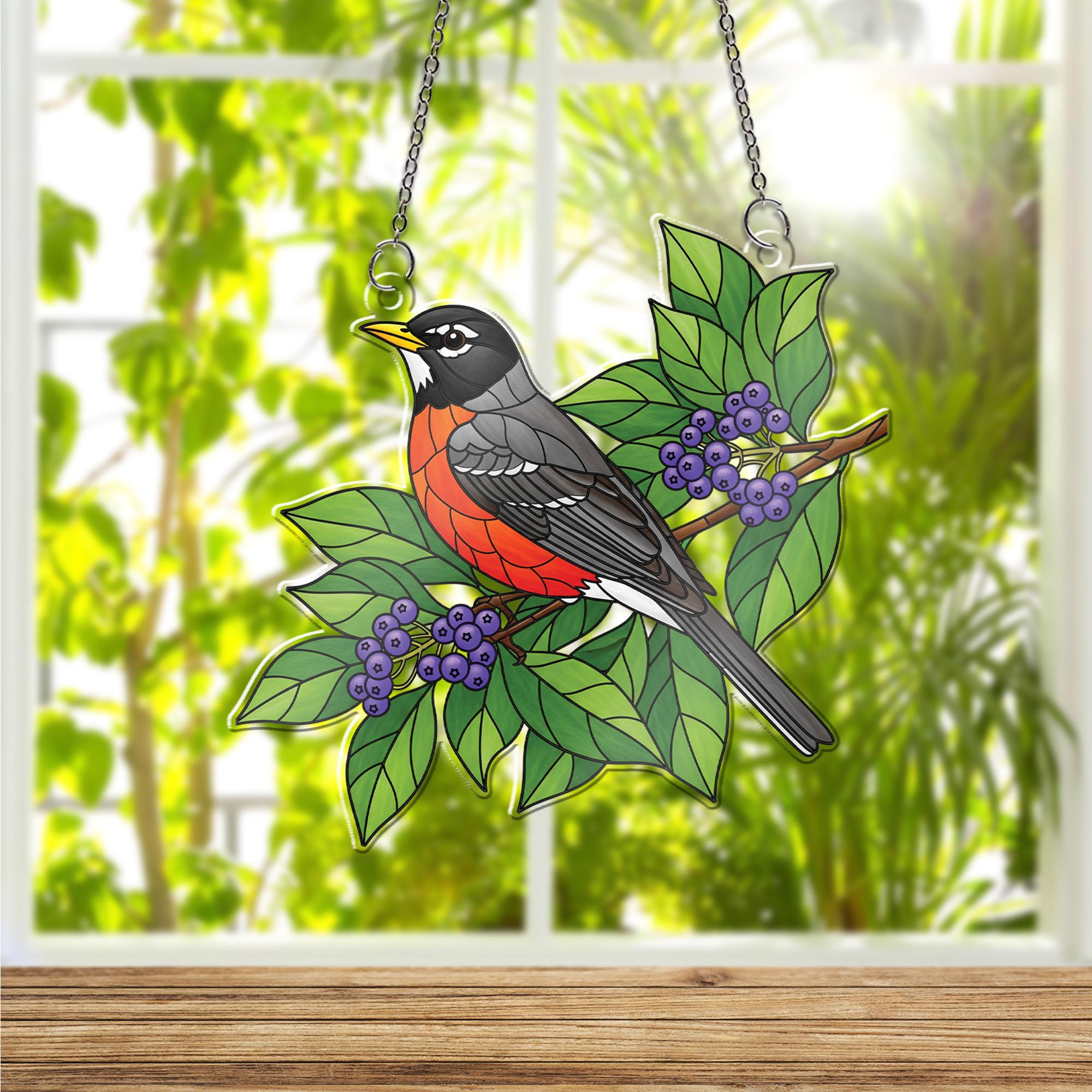 American Robin Window Hanging – Stained Glass Style Bird Suncatcher with Green Leaves & Berries, Nature Home Decor Gift