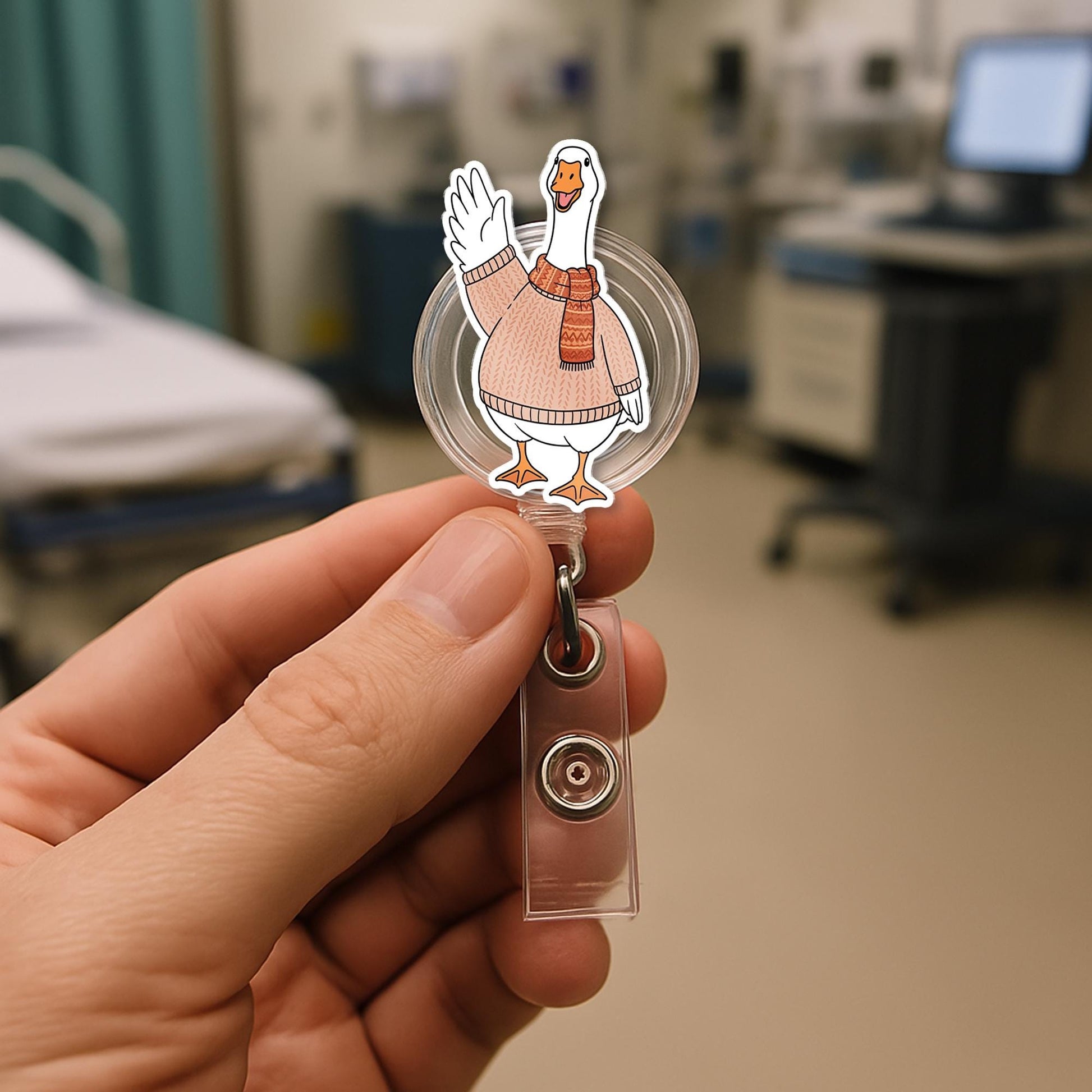 Goose Badge Reel – Cute Fall Goose ID Badge Holder with Sweater and Scarf, Funny Retractable Name Tag for Nurses, Teachers, Office Staff