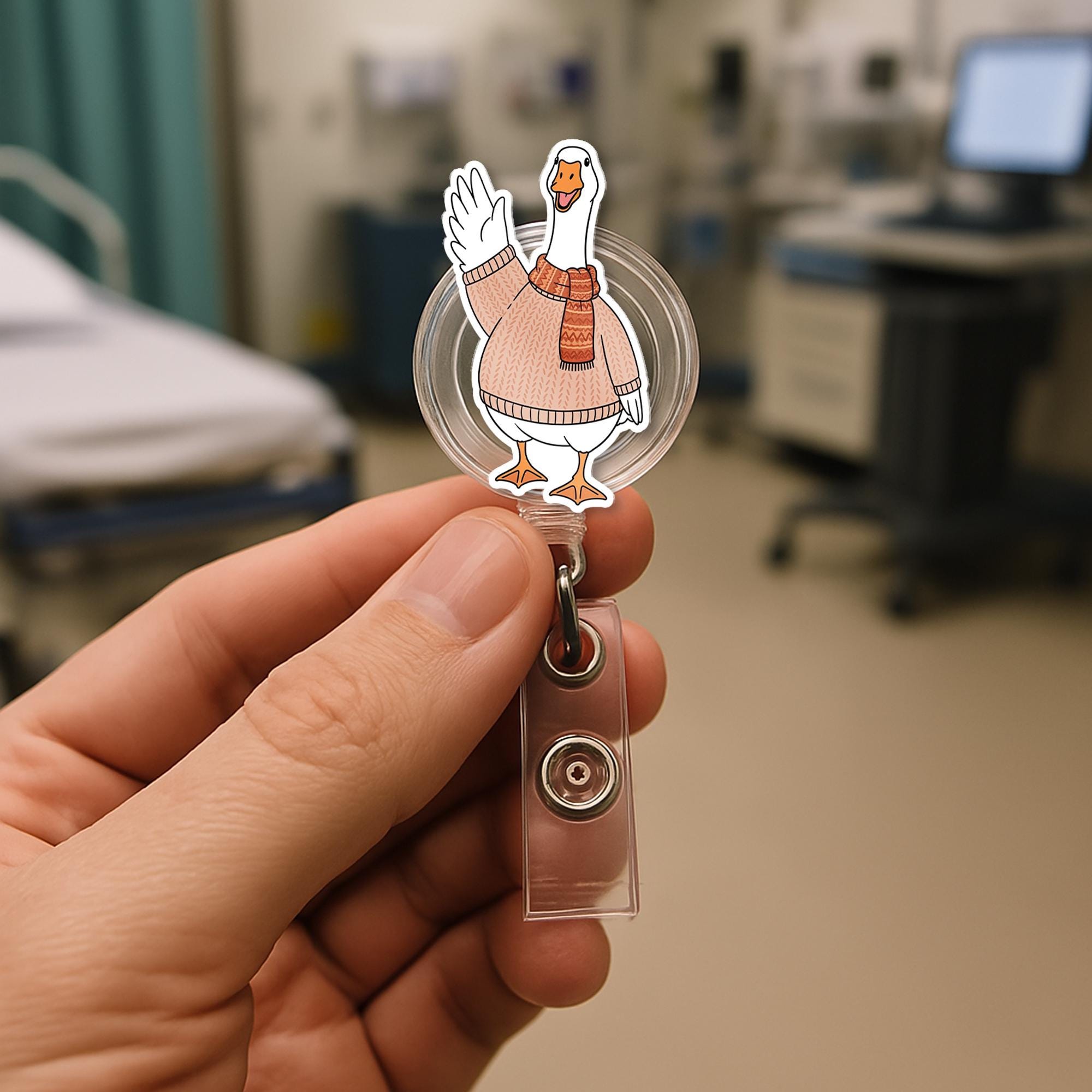 Goose Badge Reel – Cute Fall Goose ID Badge Holder with Sweater and Scarf, Funny Retractable Name Tag for Nurses, Teachers, Office Staff