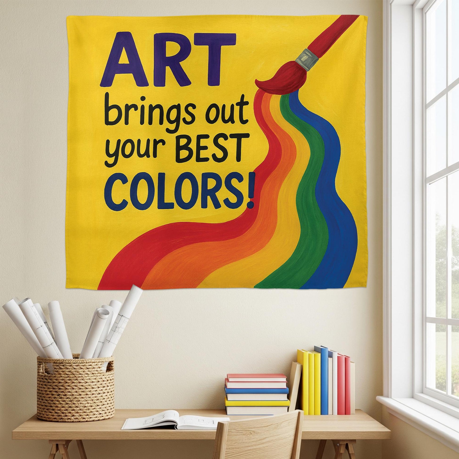 Art Brings Out Your Best Colors Tapestry, Rainbow Classroom Wall Decor, Teacher Art Room Sign, Colorful School Inspiration