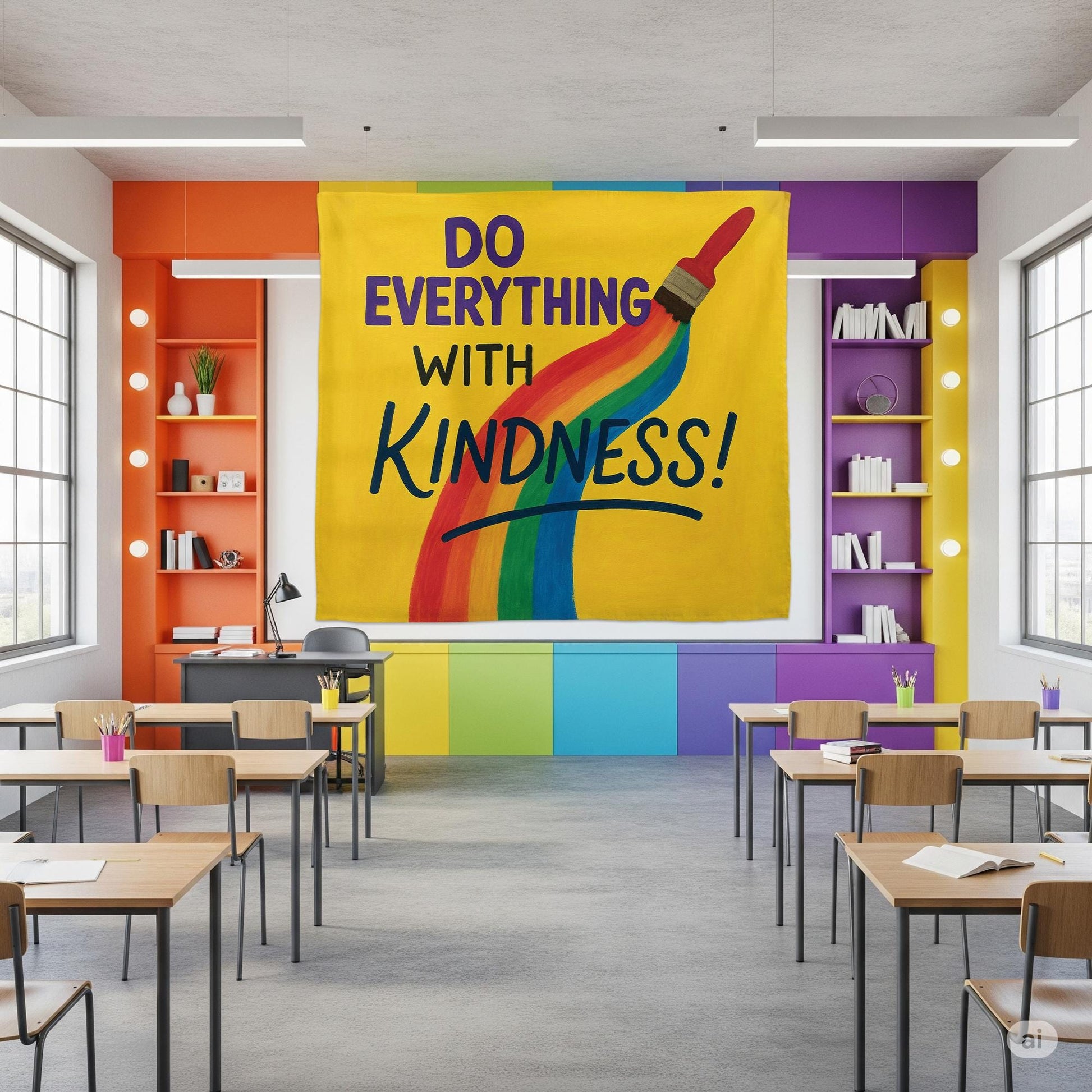 Do Everything With Kindness Tapestry, Rainbow Classroom Wall Decor, Positive Teacher Banner, Motivational School Sign