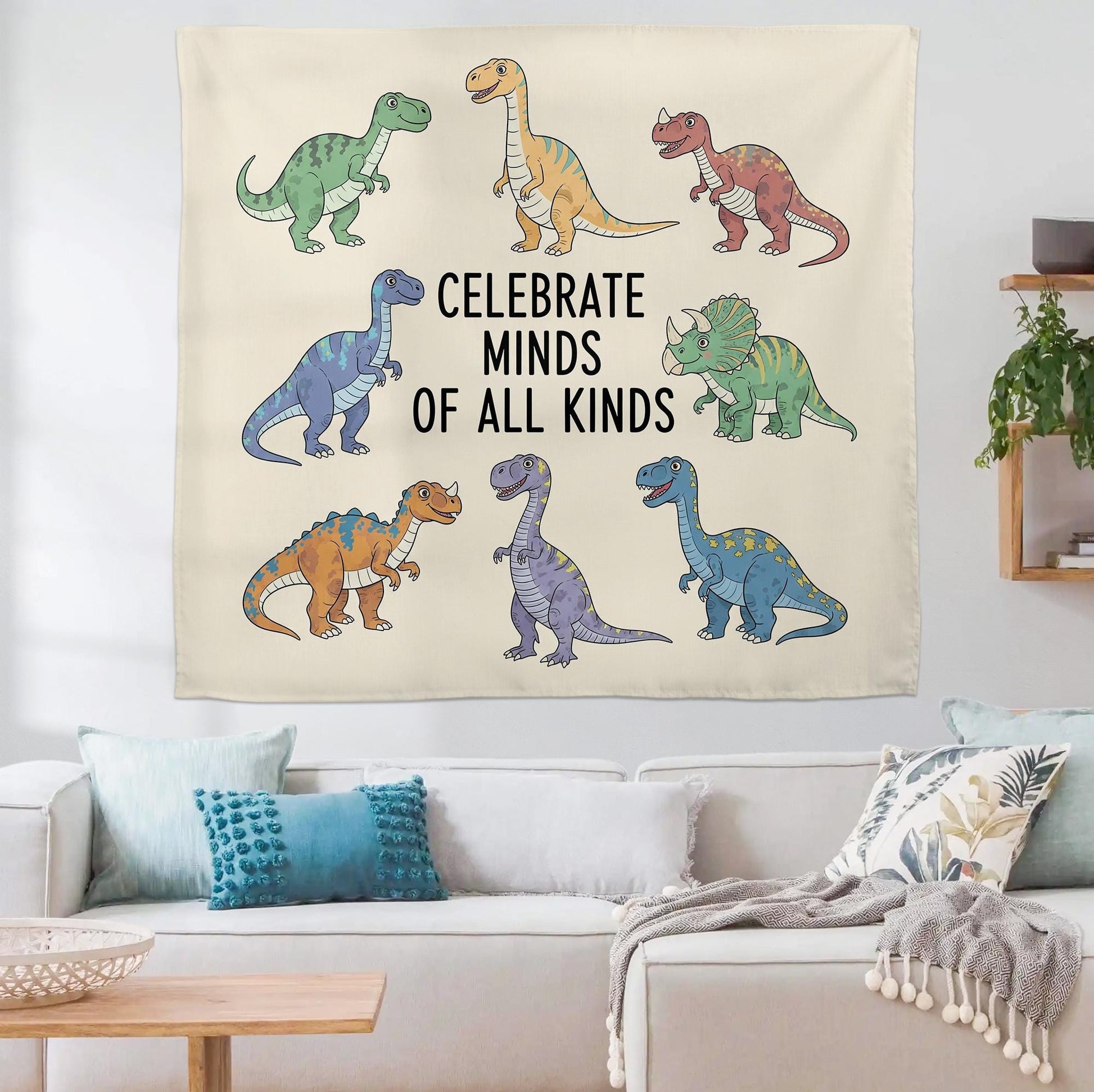 Celebrate Minds of All Kinds Tapestry - Inclusive Dinosaur Classroom Banner - Neurodiversity Wall Decor for Teachers & Kids