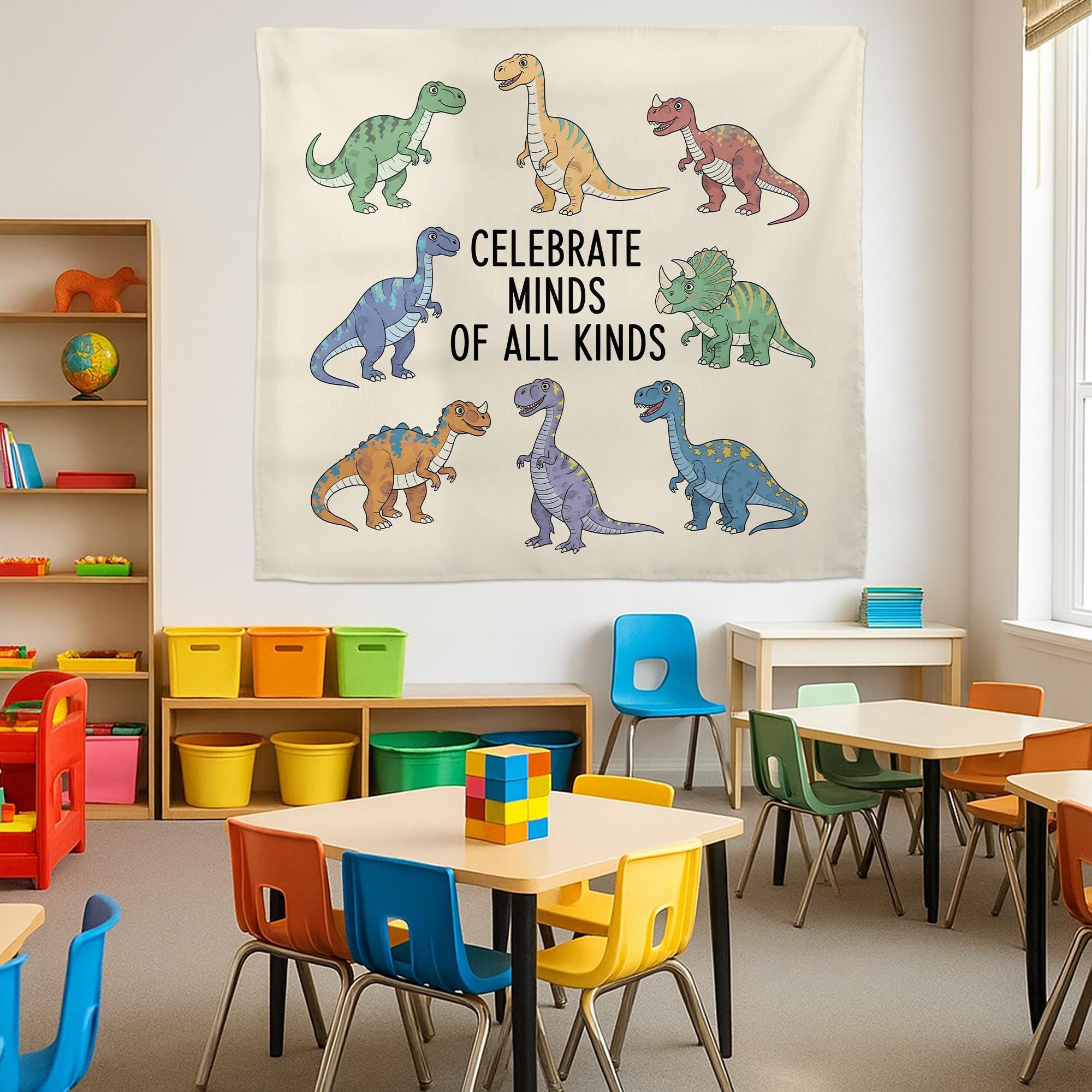 Celebrate Minds of All Kinds Tapestry - Inclusive Dinosaur Classroom Banner - Neurodiversity Wall Decor for Teachers & Kids