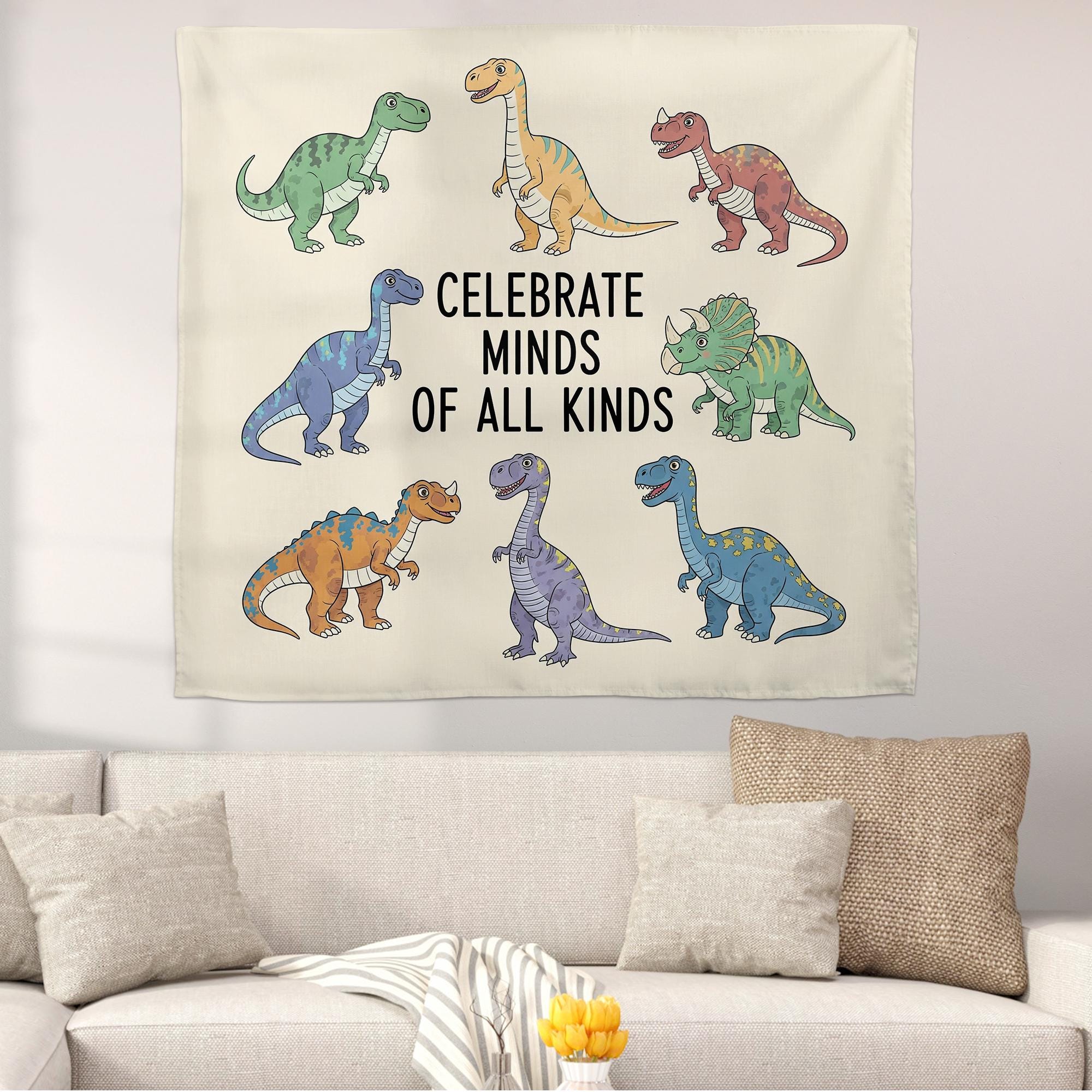 Celebrate Minds of All Kinds Tapestry - Inclusive Dinosaur Classroom Banner - Neurodiversity Wall Decor for Teachers & Kids