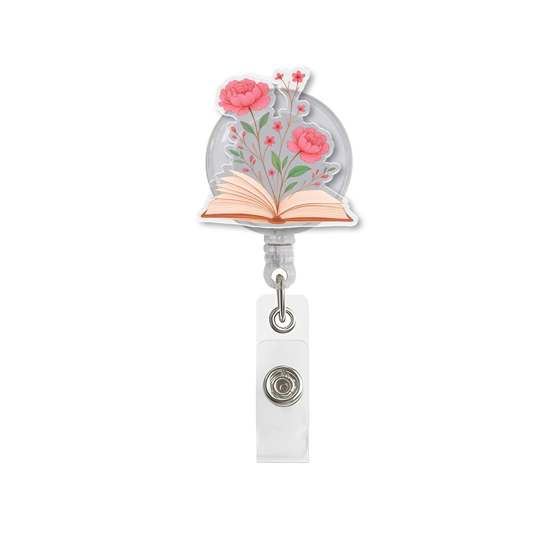 Floral Book Badge Reel, Cute Teacher ID Holder, Book Lover Gift, Librarian Badge Clip, Garden Bloom Retractable Name Tag