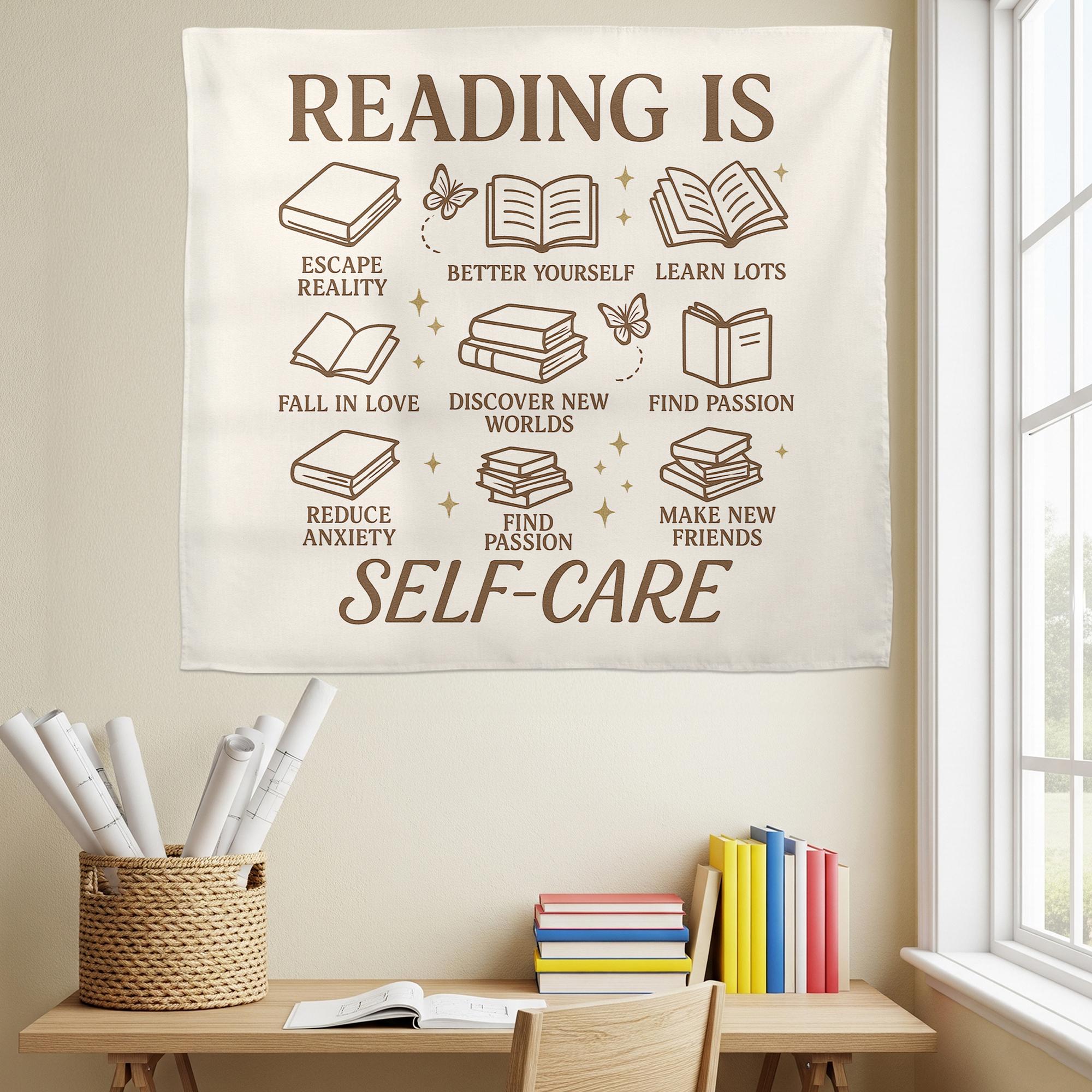 Reading Is Self-Care Tapestry, Book Lover Wall Decor, Literary Quote Banner, Bookish Room Aesthetic, Library or Dorm Decoration