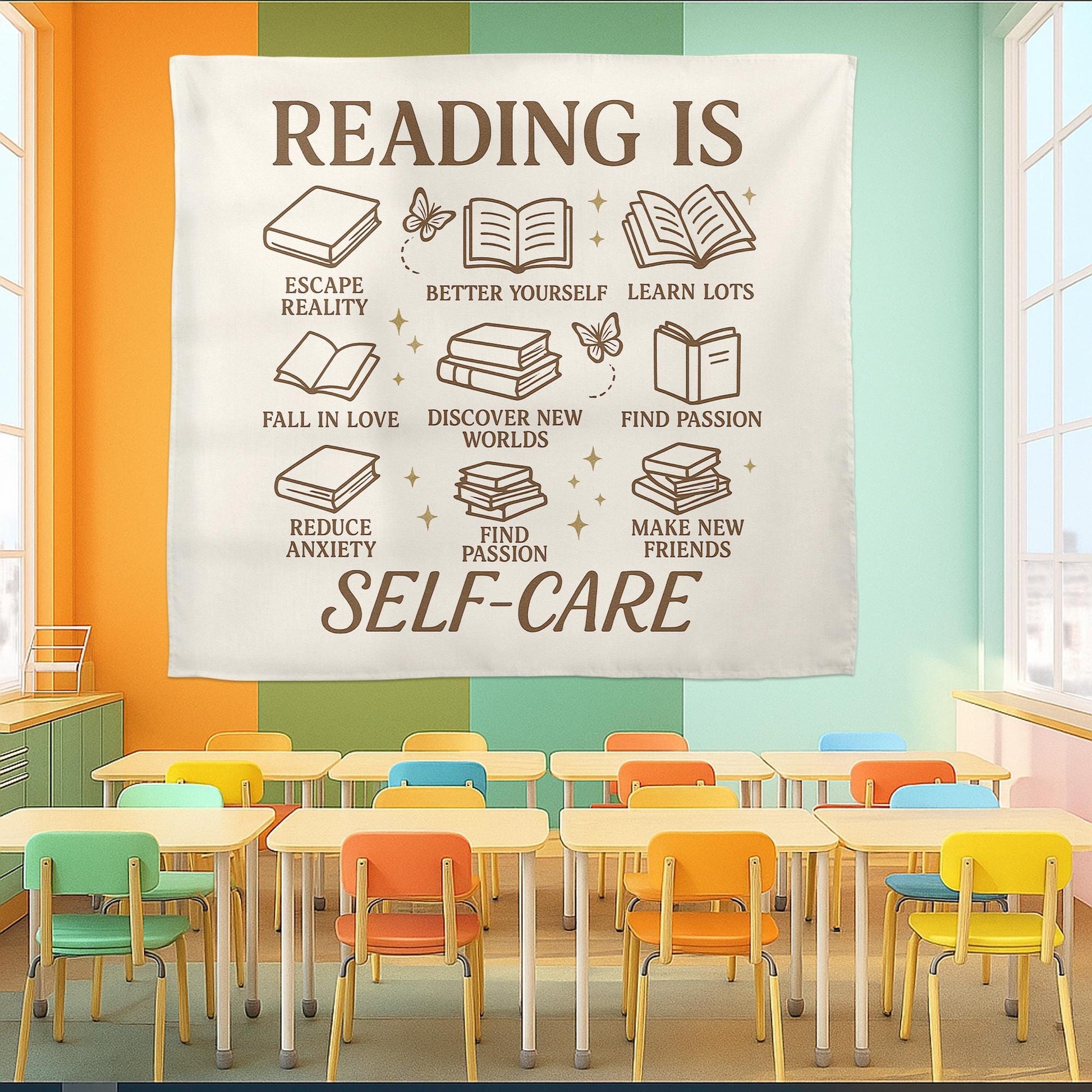Reading Is Self-Care Tapestry, Book Lover Wall Decor, Literary Quote Banner, Bookish Room Aesthetic, Library or Dorm Decoration