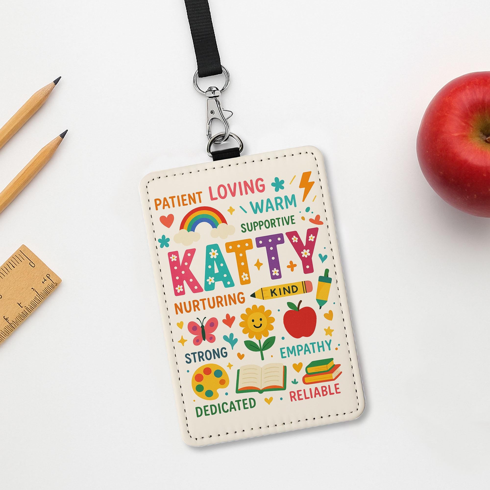 Personalized Teacher Name Badge Holder, Cute Rainbow ID Tag, Custom Lanyard Accessory, Back to School Gift for Educators