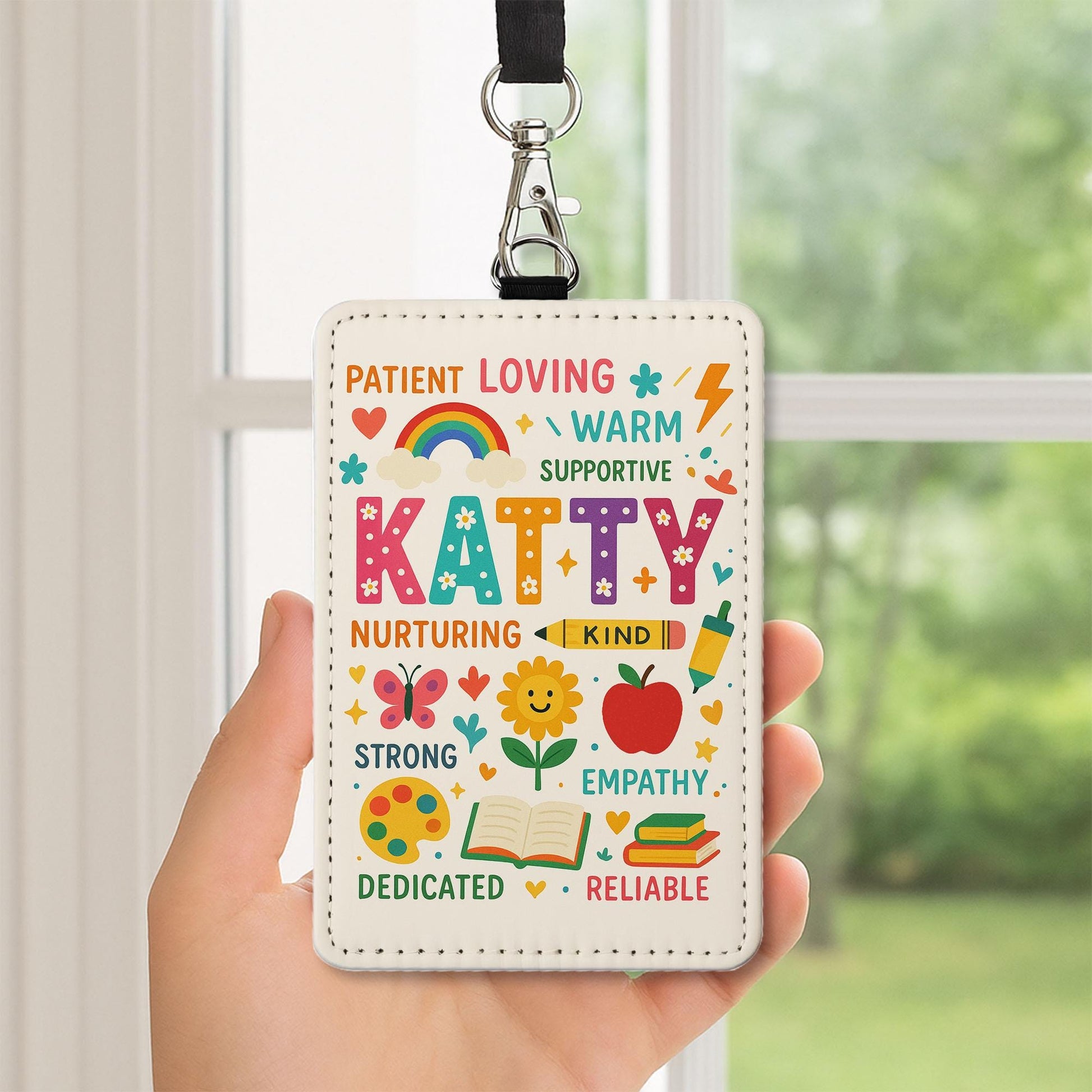 Personalized Teacher Name Badge Holder, Cute Rainbow ID Tag, Custom Lanyard Accessory, Back to School Gift for Educators