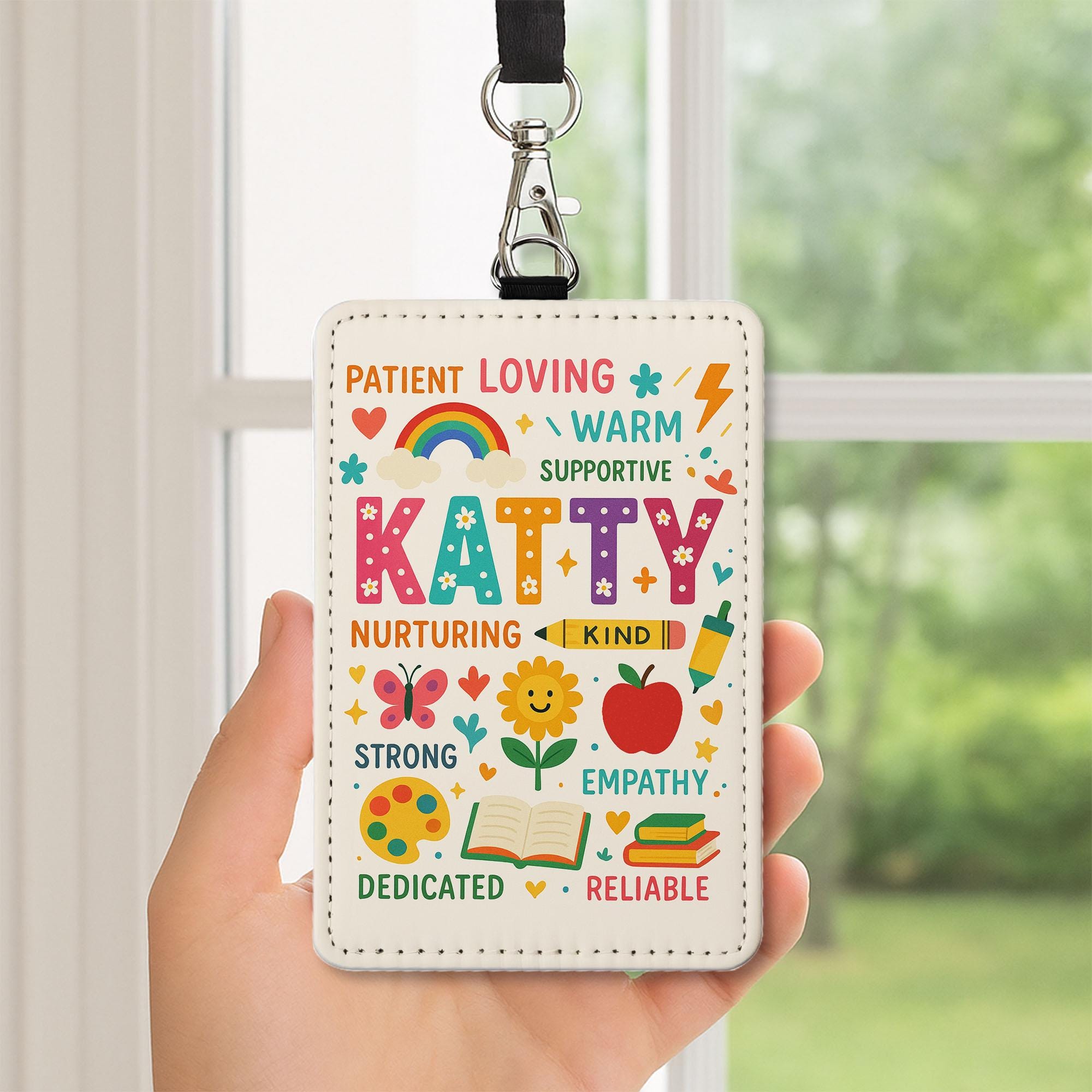 Personalized Teacher Name Badge Holder, Cute Rainbow ID Tag, Custom Lanyard Accessory, Back to School Gift for Educators