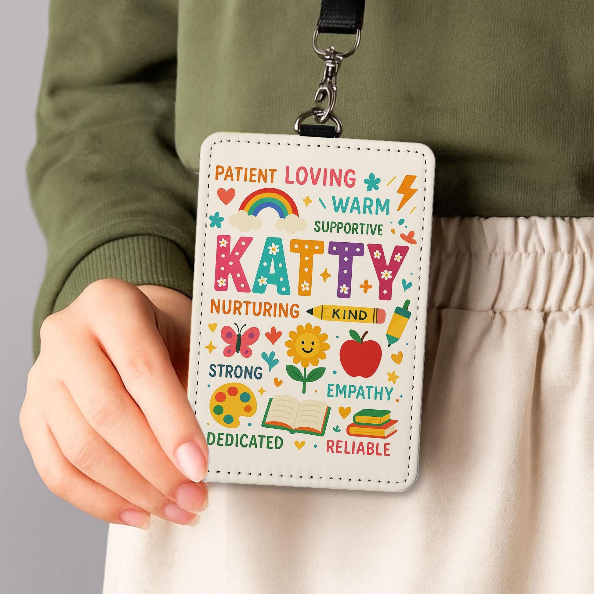 Personalized Teacher Name Badge Holder, Cute Rainbow ID Tag, Custom Lanyard Accessory, Back to School Gift for Educators