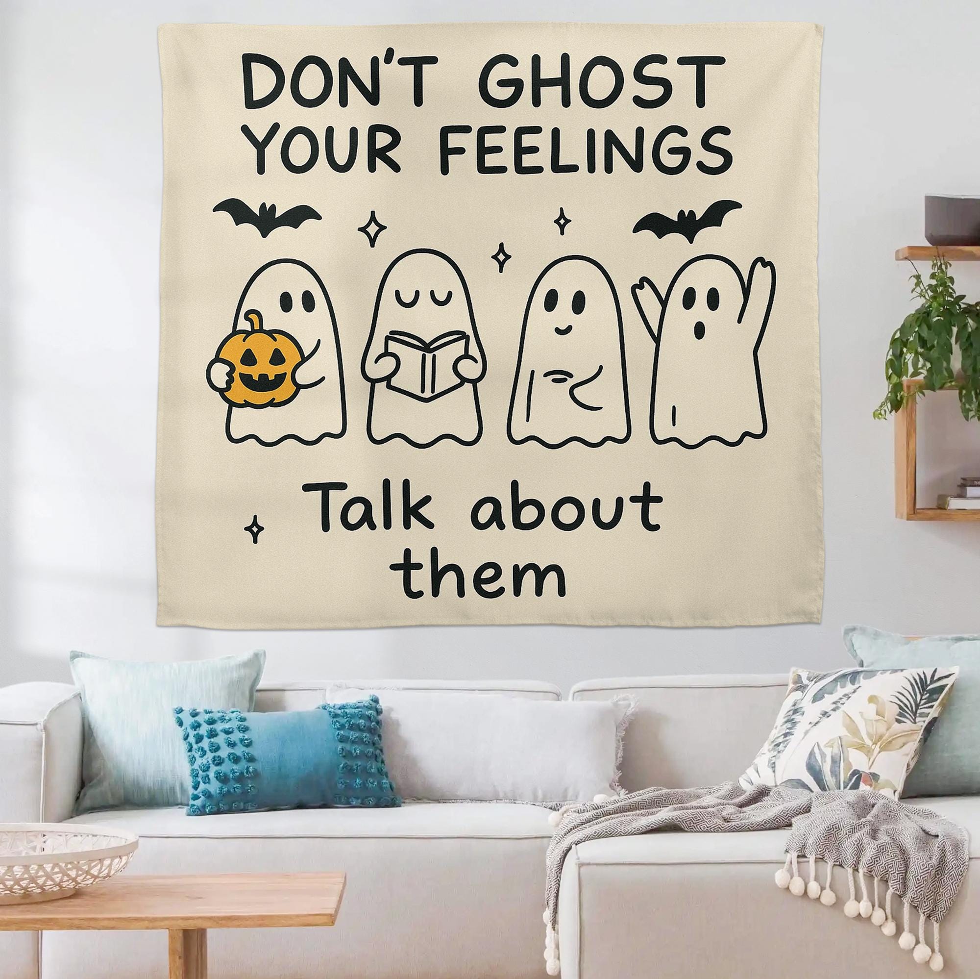 Don't Ghost Your Feelings Tapestry | Halloween School Counselor Decor | Mental Health Classroom Wall Art | Therapy Office Ghost Banner