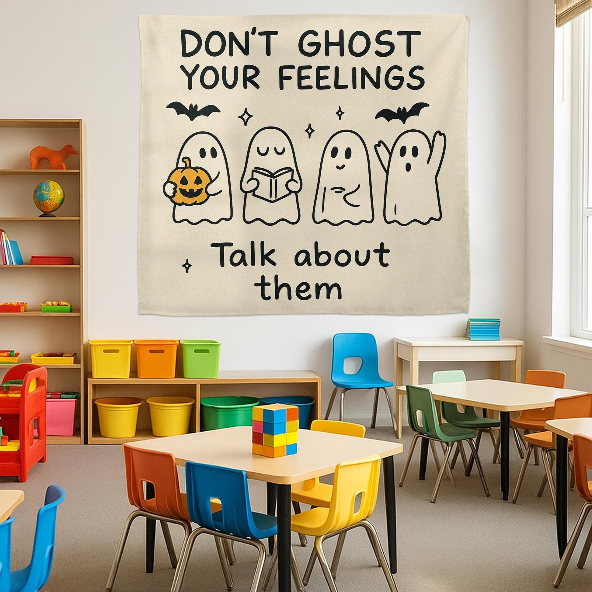 Don't Ghost Your Feelings Tapestry | Halloween School Counselor Decor | Mental Health Classroom Wall Art | Therapy Office Ghost Banner