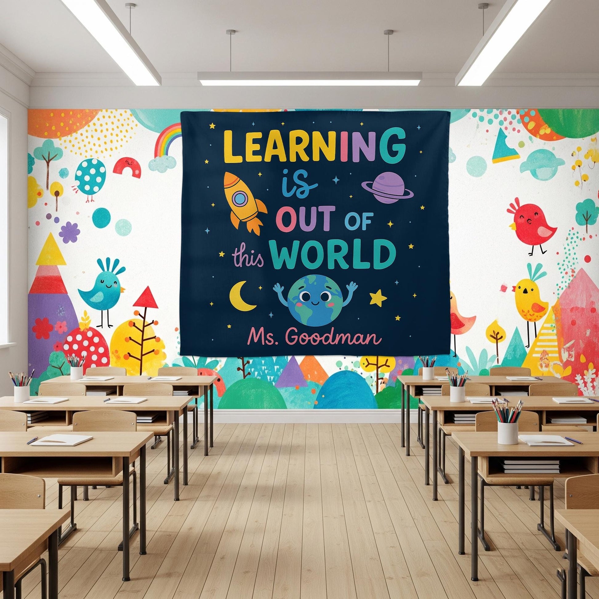 Custom Teacher Tapestry | Learning Is Out of This World Classroom Decor | Space Theme Wall Art for Kids | Personalized Teacher Gift