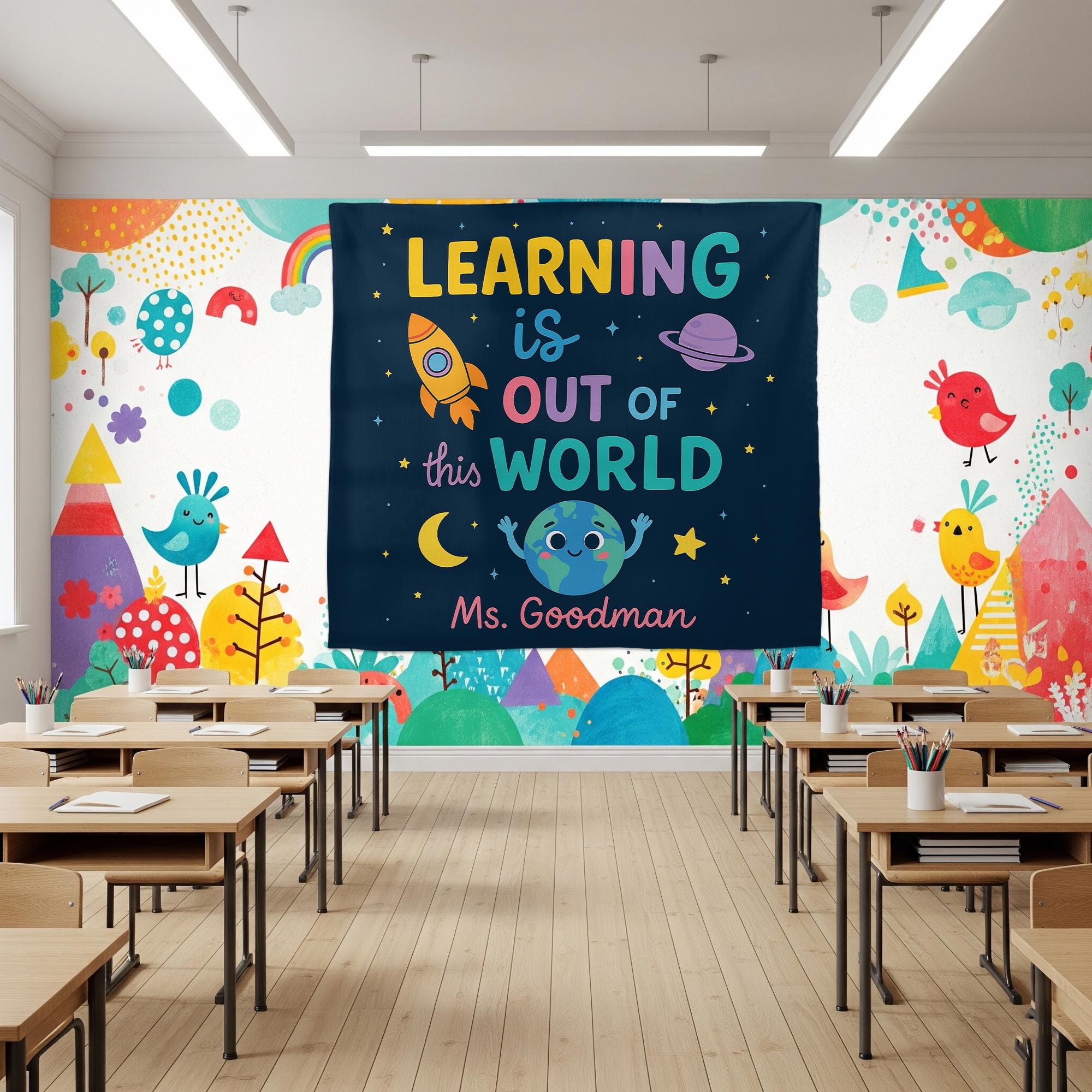 Custom Teacher Tapestry | Learning Is Out of This World Classroom Decor | Space Theme Wall Art for Kids | Personalized Teacher Gift