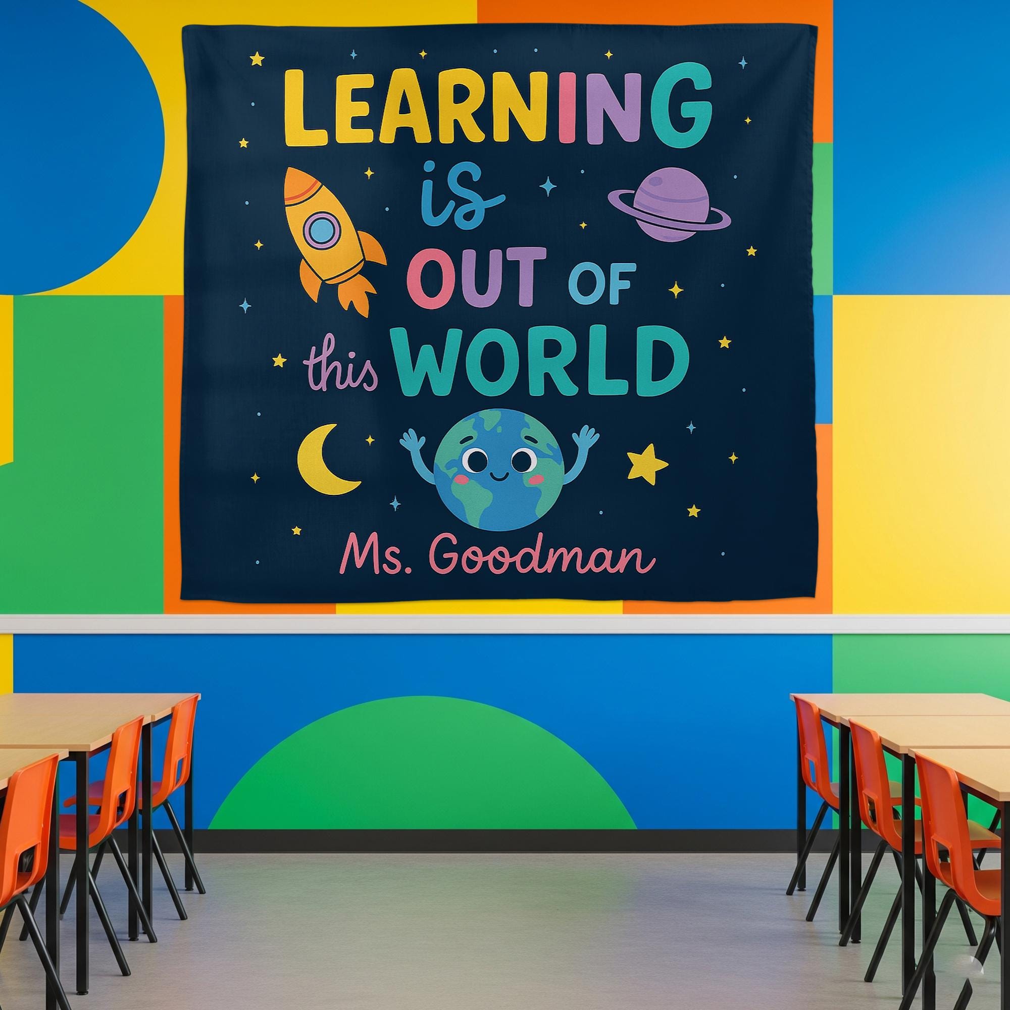 Custom Teacher Tapestry | Learning Is Out of This World Classroom Decor | Space Theme Wall Art for Kids | Personalized Teacher Gift