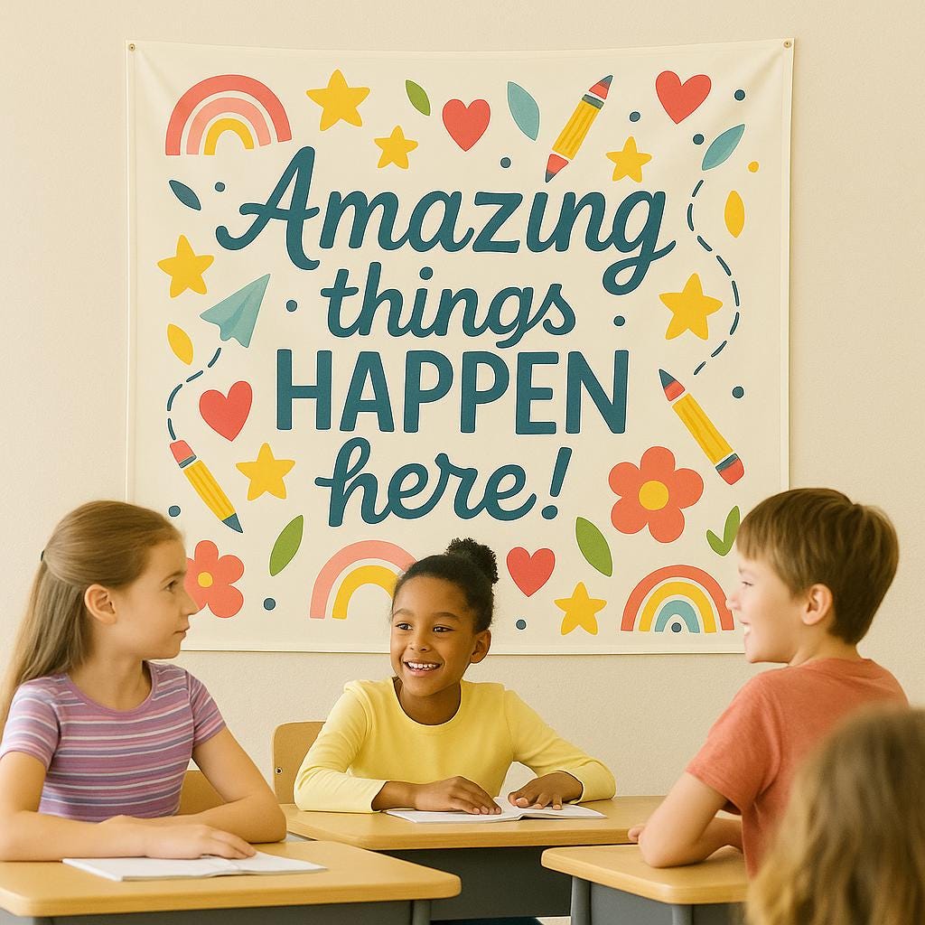 Amazing Things Happen Here Tapestry | Classroom Wall Decor for Teachers | Positive Motivational Banner | Back to School Teacher Gift