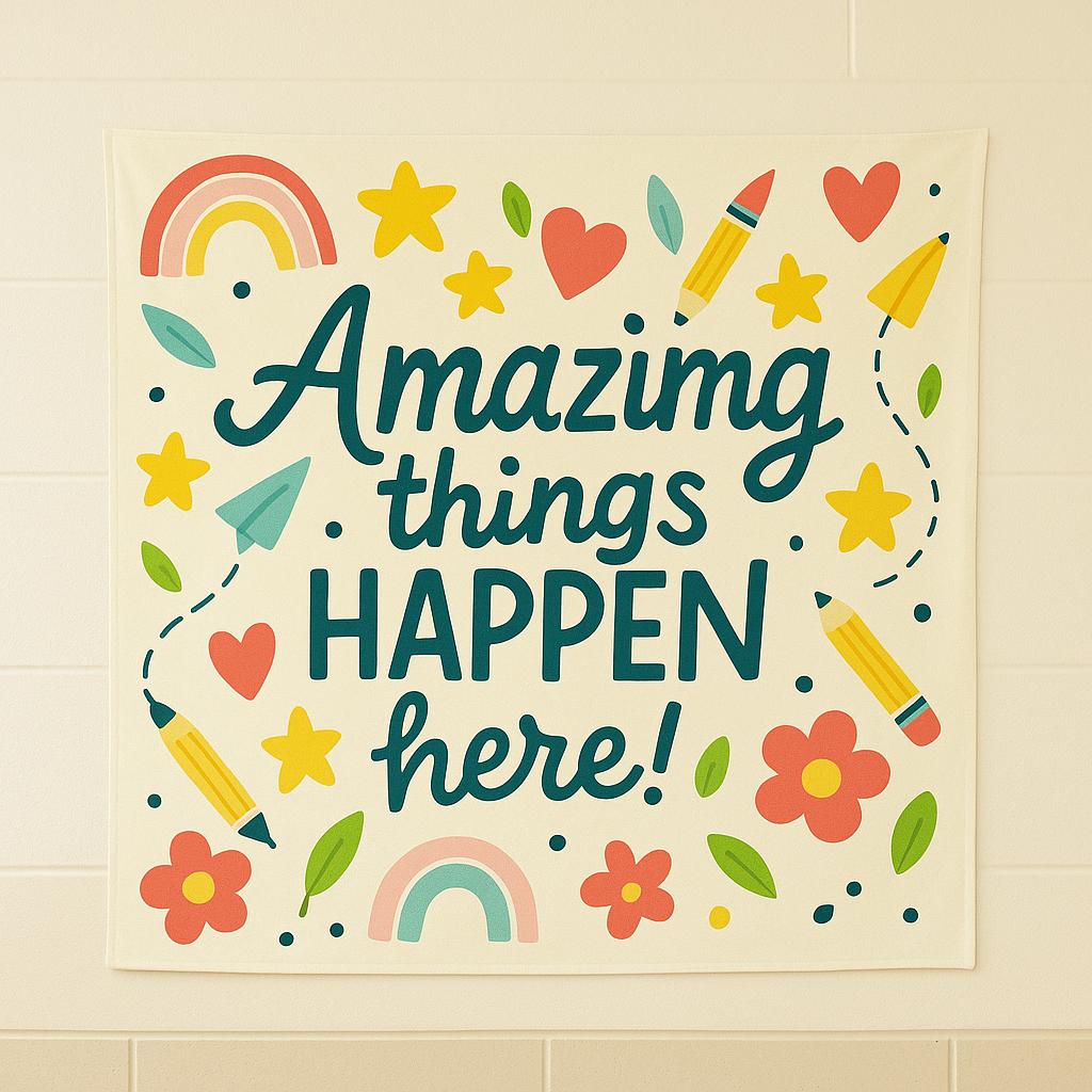 Amazing Things Happen Here Tapestry | Classroom Wall Decor for Teachers | Positive Motivational Banner | Back to School Teacher Gift