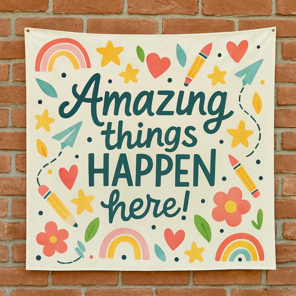 Amazing Things Happen Here Tapestry | Classroom Wall Decor for Teachers | Positive Motivational Banner | Back to School Teacher Gift
