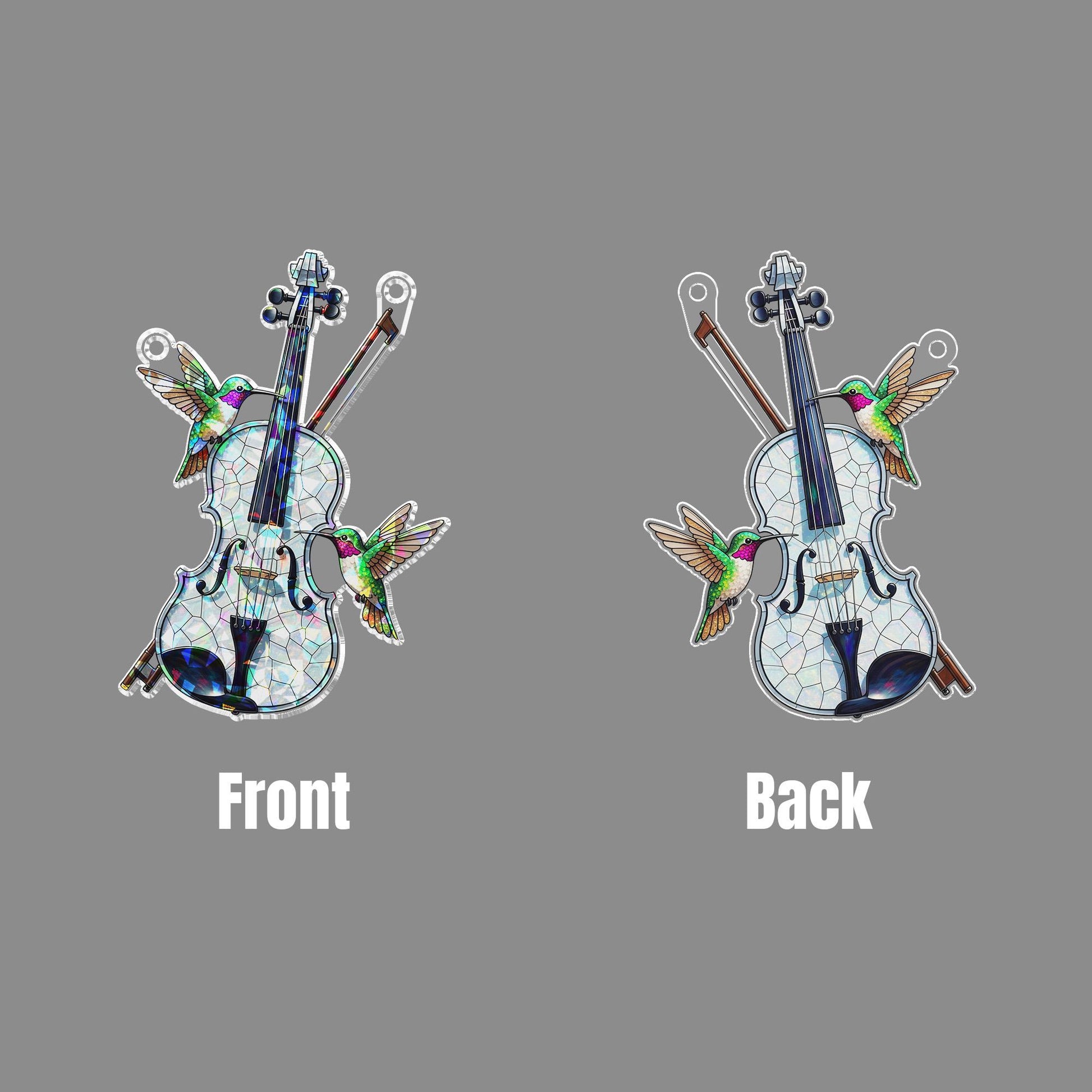 Violin Holographic Window Hanging – Stained Glass Style Hummingbird Suncatcher for Music Lovers, Musicians, Gift for Her