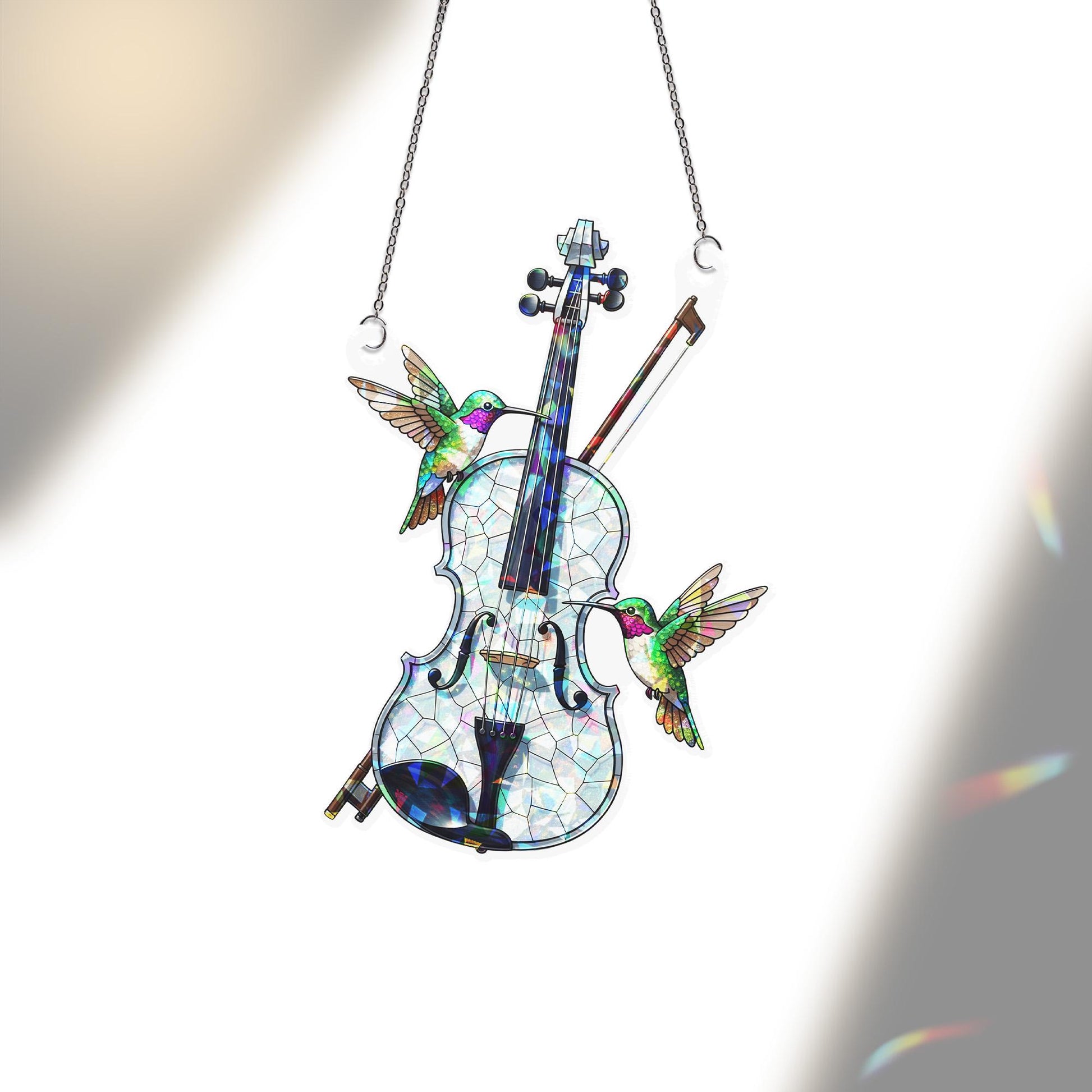 Violin Holographic Window Hanging – Stained Glass Style Hummingbird Suncatcher for Music Lovers, Musicians, Gift for Her