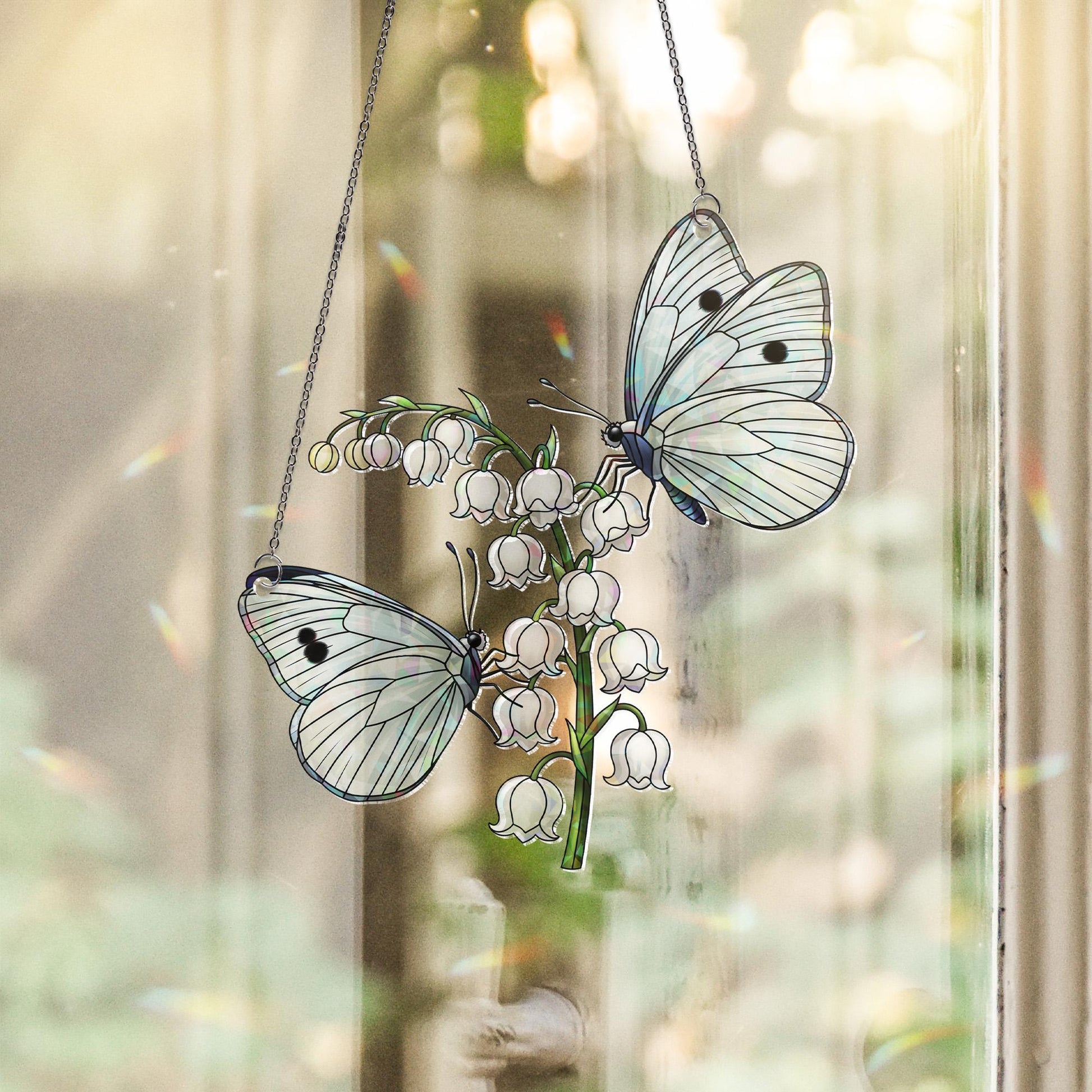 Butterfly and Lily Holographic Window Hanging – Stained Glass Style Floral Suncatcher for Nature Lovers, Cottagecore Home Decor