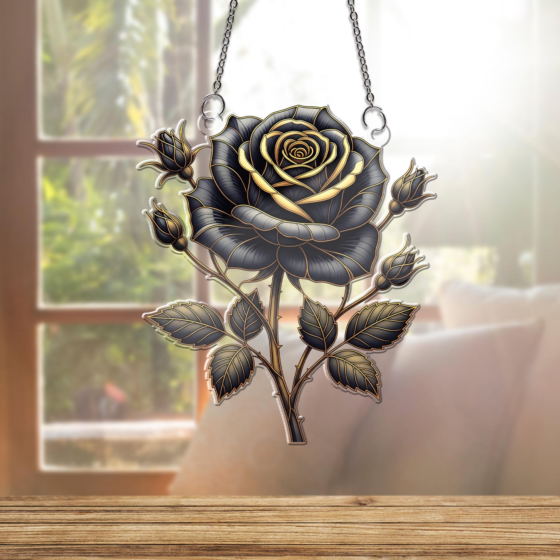 Black and Gold Rose Window Hanging – Gothic Holographic Floral Suncatcher, Elegant Dark Bloom Decor, Romantic Gift for Her