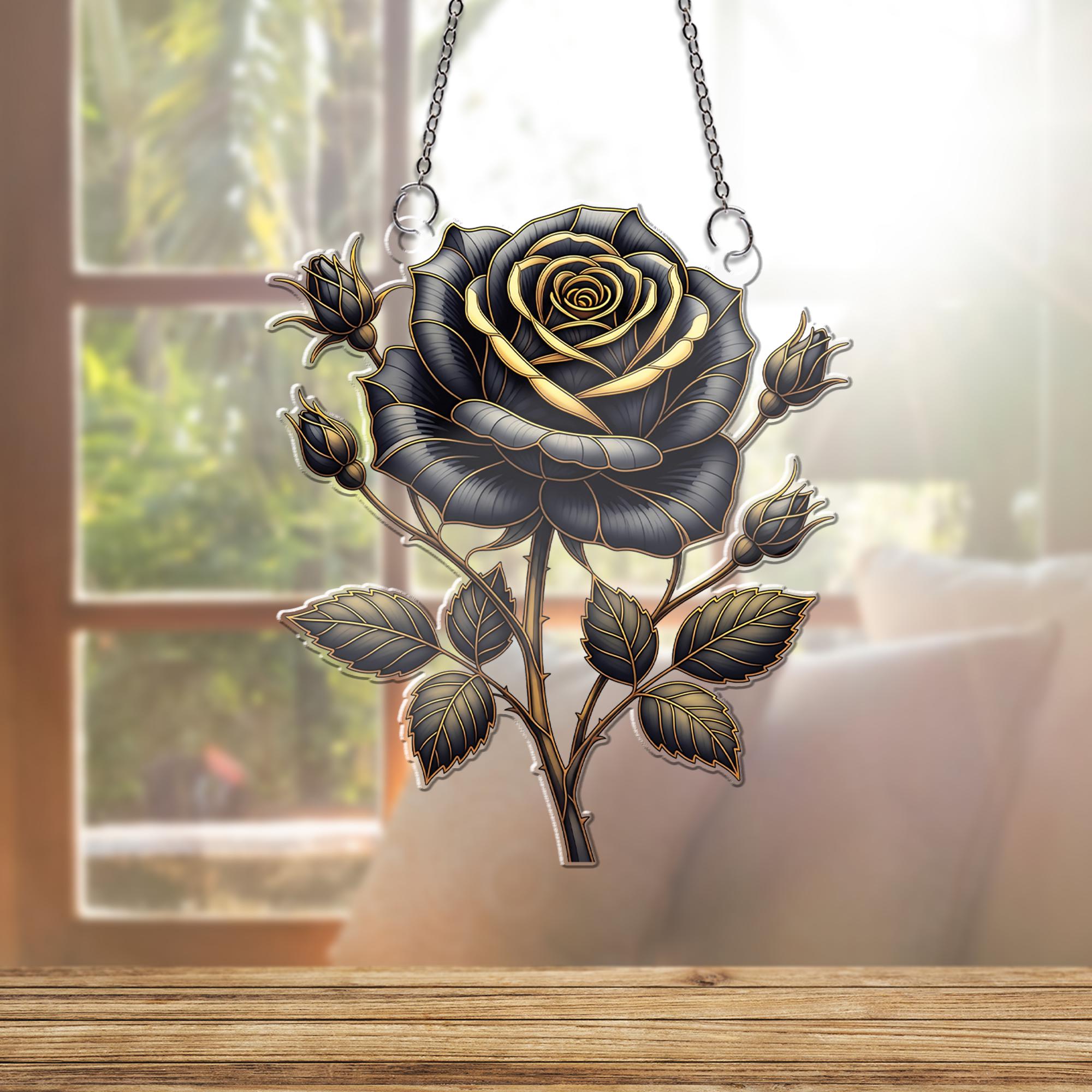 Black and Gold Rose Window Hanging – Gothic Holographic Floral Suncatcher, Elegant Dark Bloom Decor, Romantic Gift for Her