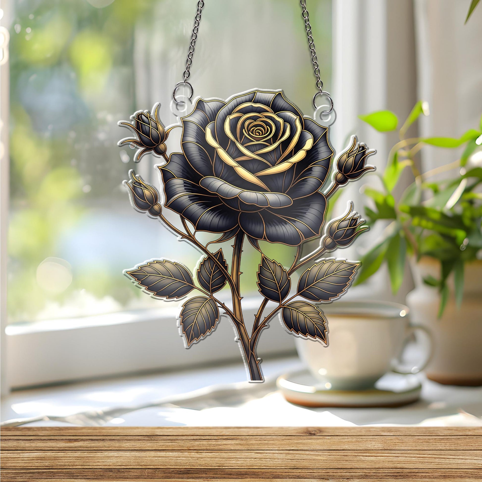 Black and Gold Rose Window Hanging – Gothic Holographic Floral Suncatcher, Elegant Dark Bloom Decor, Romantic Gift for Her