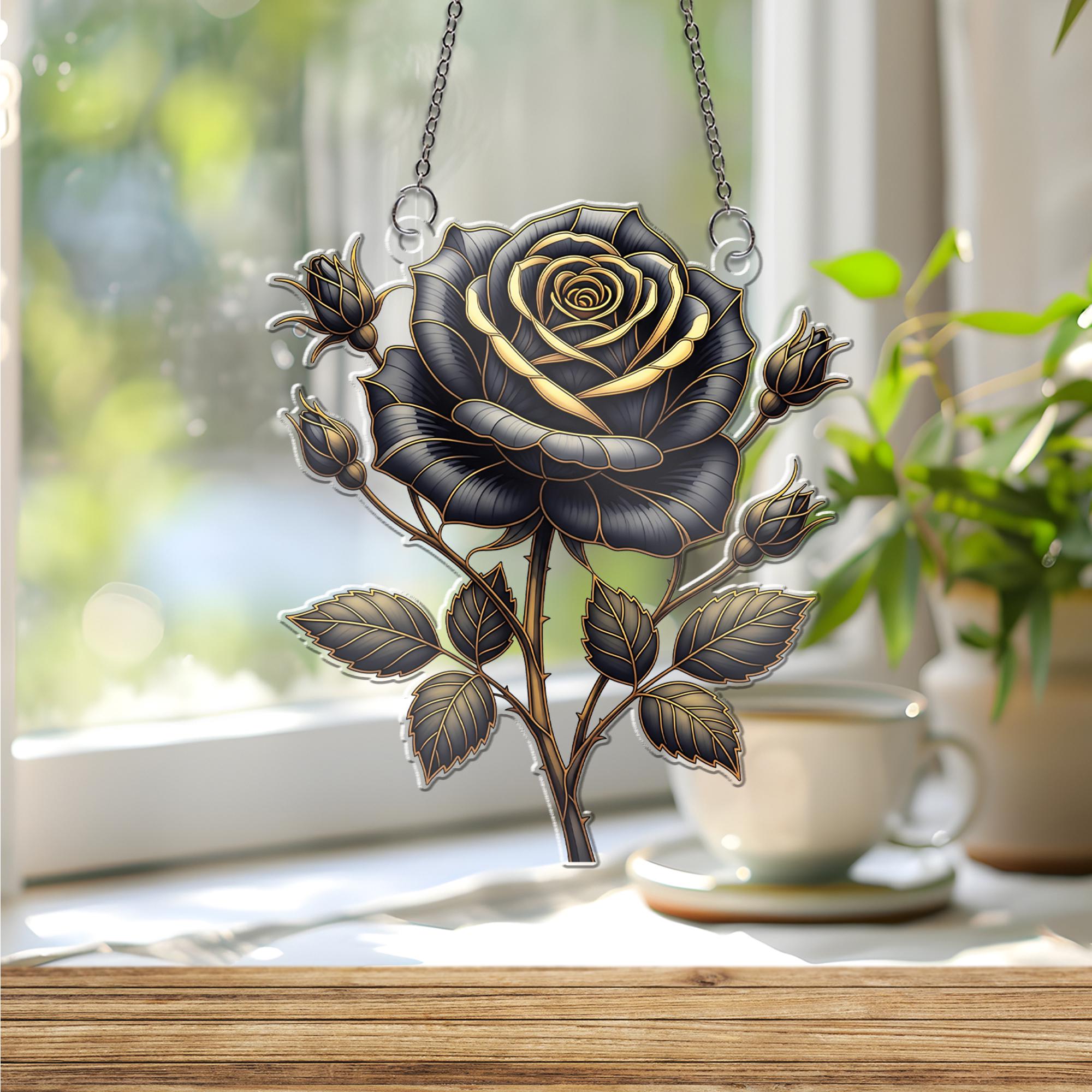 Black and Gold Rose Window Hanging – Gothic Holographic Floral Suncatcher, Elegant Dark Bloom Decor, Romantic Gift for Her