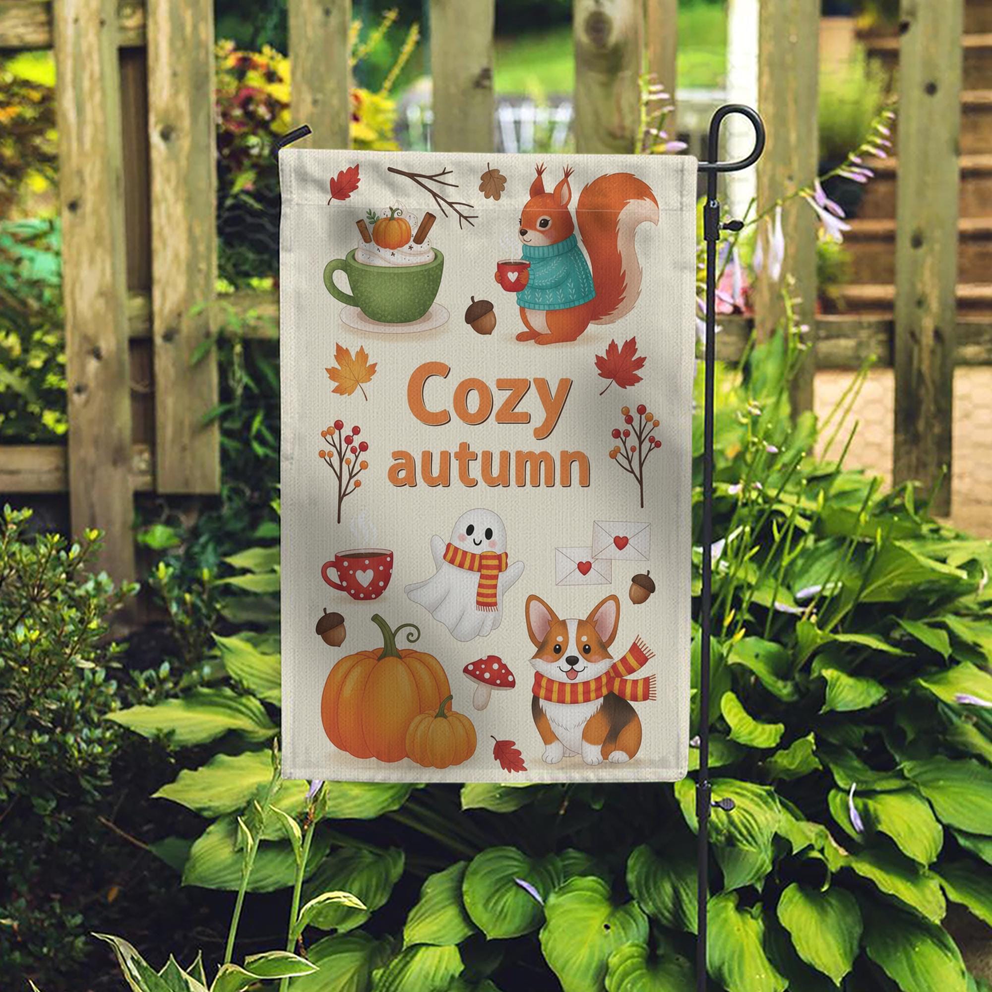 Cozy Autumn Garden Flag – Cute Fall Yard Decor with Squirrel, Ghost, Corgi, Pumpkin & Leaves, Seasonal Outdoor Decoration for Fall