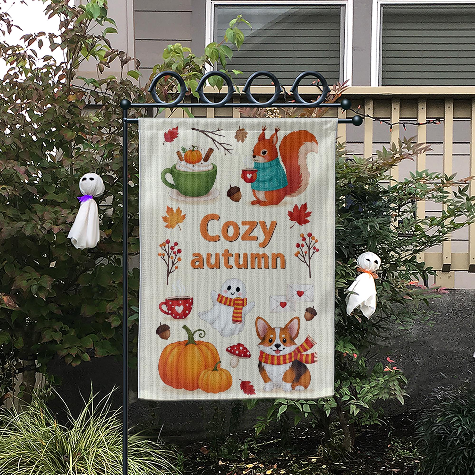 Cozy Autumn Garden Flag – Cute Fall Yard Decor with Squirrel, Ghost, Corgi, Pumpkin & Leaves, Seasonal Outdoor Decoration for Fall