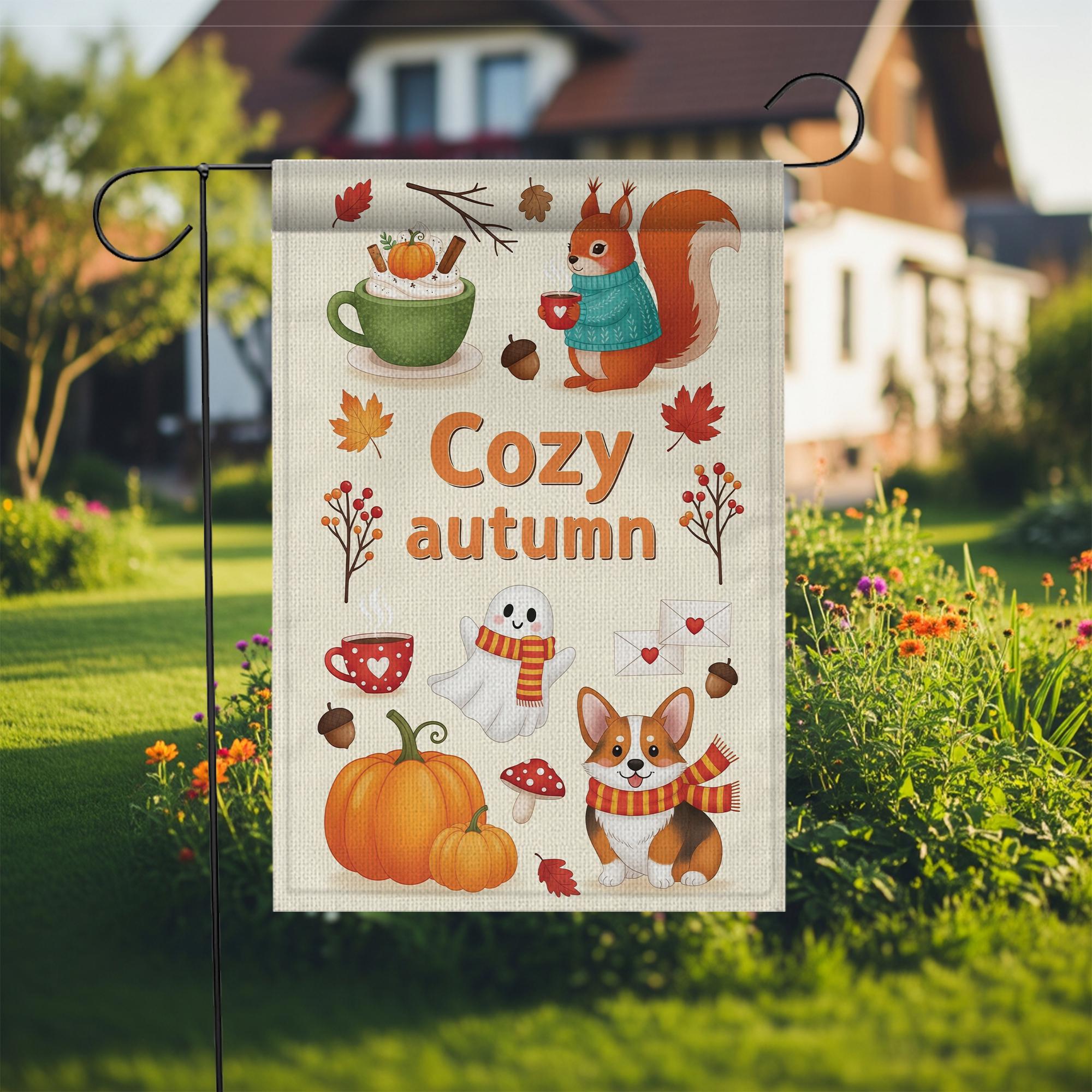 Cozy Autumn Garden Flag – Cute Fall Yard Decor with Squirrel, Ghost, Corgi, Pumpkin & Leaves, Seasonal Outdoor Decoration for Fall