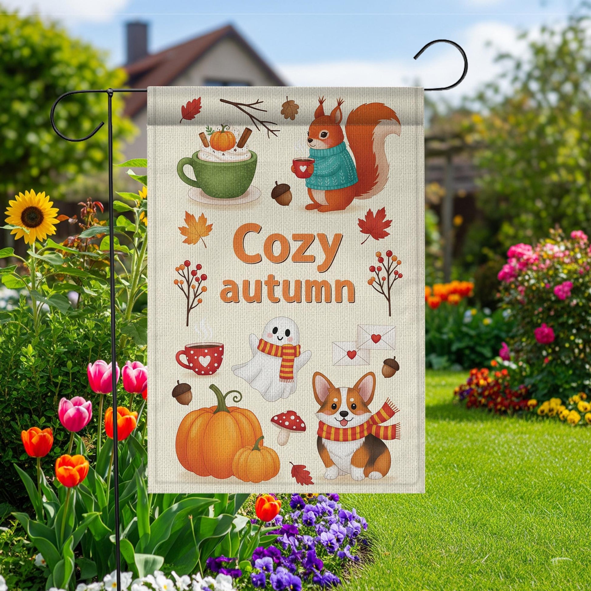 Cozy Autumn Garden Flag – Cute Fall Yard Decor with Squirrel, Ghost, Corgi, Pumpkin & Leaves, Seasonal Outdoor Decoration for Fall