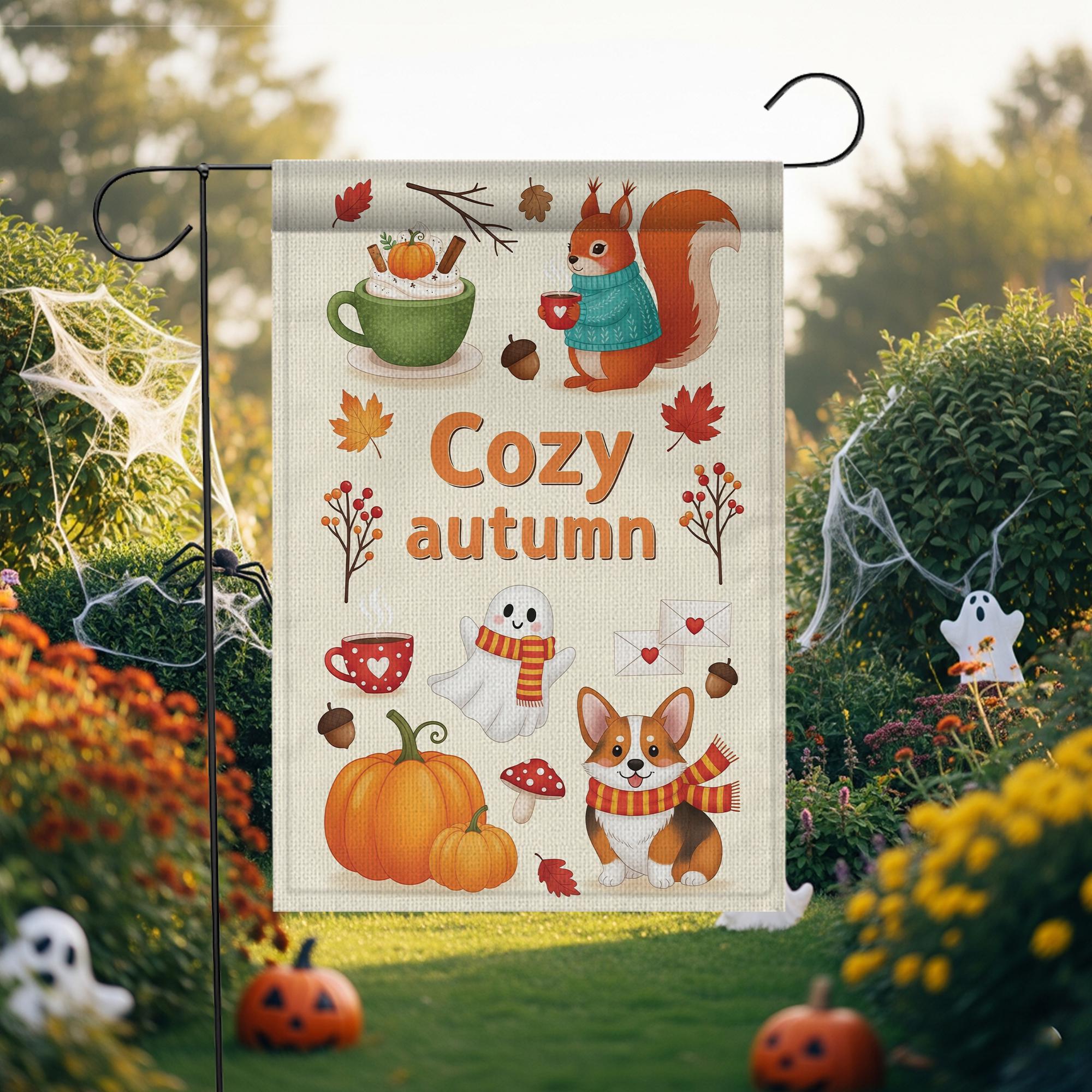 Cozy Autumn Garden Flag – Cute Fall Yard Decor with Squirrel, Ghost, Corgi, Pumpkin & Leaves, Seasonal Outdoor Decoration for Fall