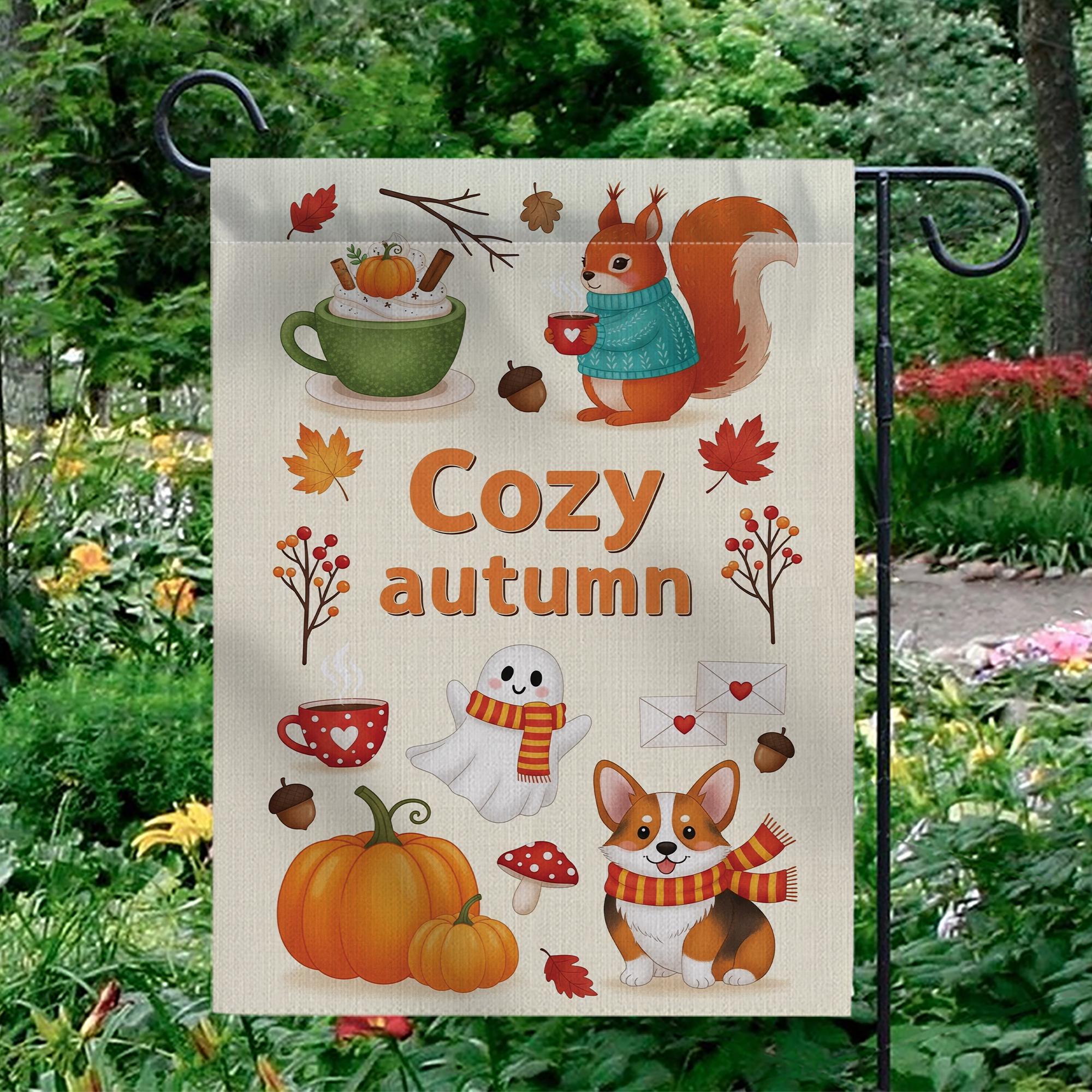 Cozy Autumn Garden Flag – Cute Fall Yard Decor with Squirrel, Ghost, Corgi, Pumpkin & Leaves, Seasonal Outdoor Decoration for Fall