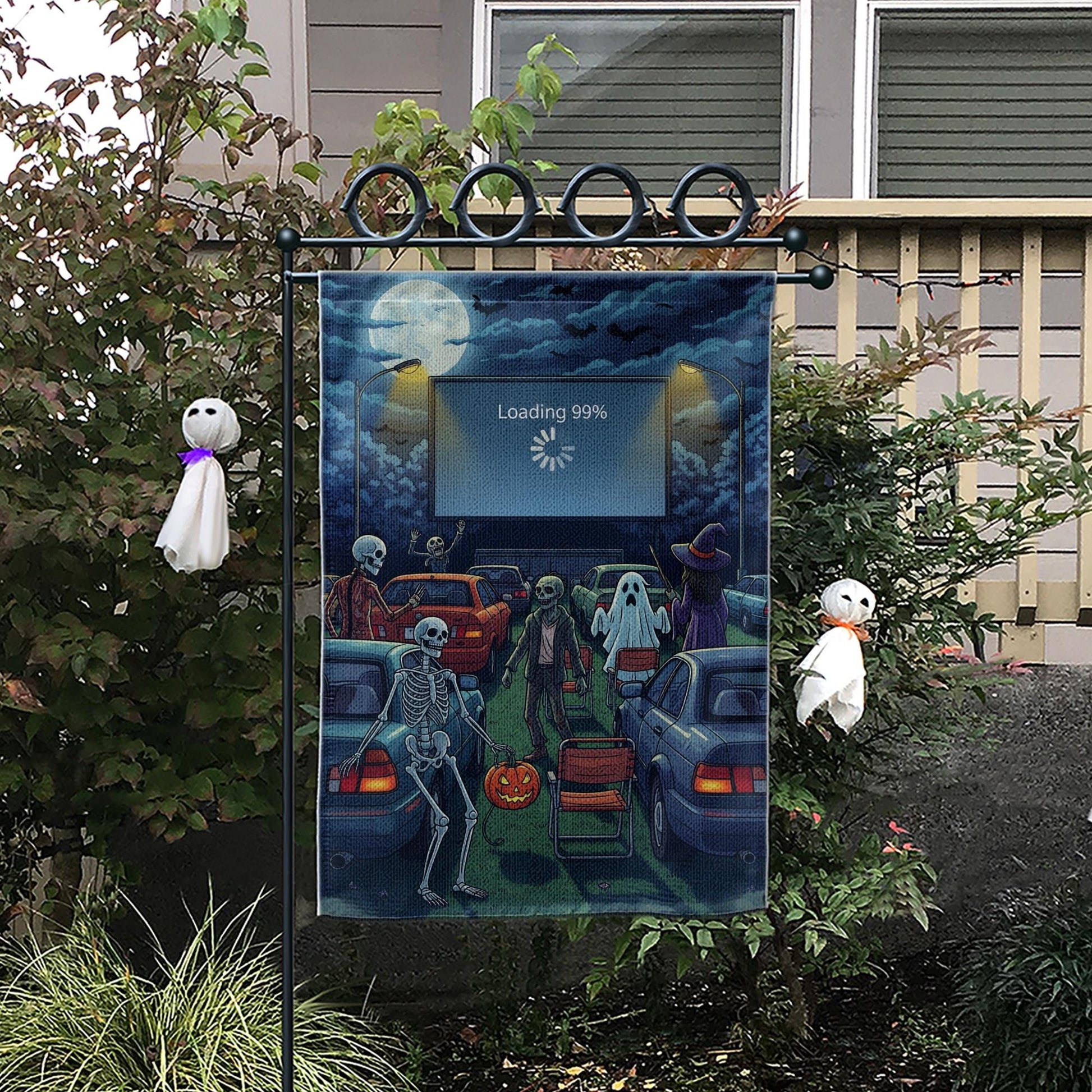 Funny Halloween Drive-In Garden Flag – Skeletons, Ghosts, Zombies & Loading Screen, Spooky Outdoor Yard Decor for Fall